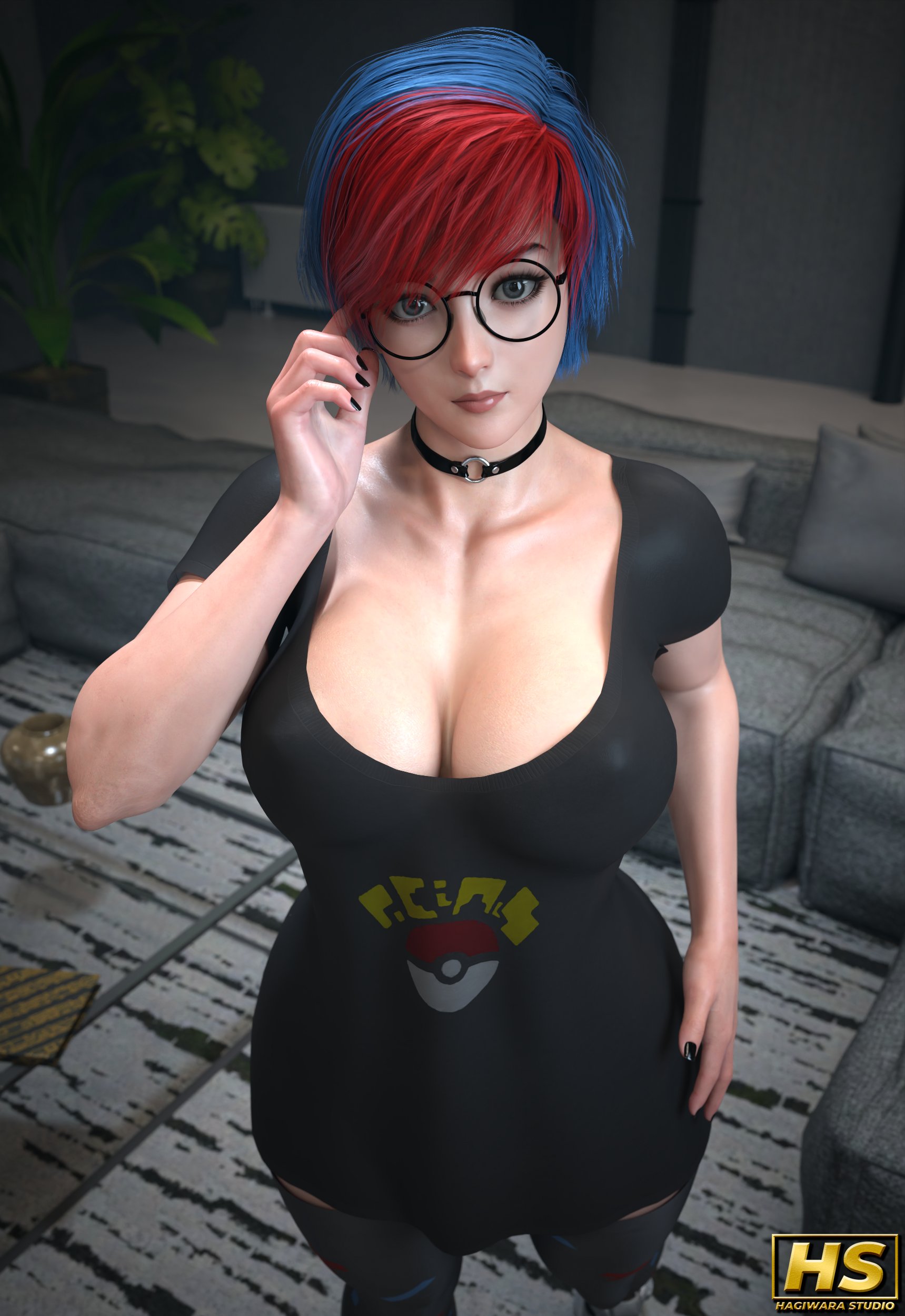 1girls, 2025, 3d, 3d (artwork), areolae, areolae visible through clothing, artist logo, artist signature, ass, bangs, big ass, big breasts, big butt, black nail polish, black nails, blue eyes, blue hair, boobies, boobs, breasts, busty, choker, cleavage, clothed, clothed female, clothing, color, colored, curvaceous, curves, curvy, curvy body, curvy female, curvy figure, fanart, female, full color, game freak, glasses, hagiwara studio, hair, hips, huge breasts, large ass, large breasts, large butt, light skin, light-skinned female, looking at viewer, multicolored hair, nail polish, nails, nails painted, naughty, nintendo, nipples, nipples visible through clothing, penny (pokemon), pokemon, pokemon sv, pose, posing, red hair, round glasses, short hair, stockings, thick thighs, thighhighs, thighs, tits, titties, video game, video game character, video game franchise, video games
