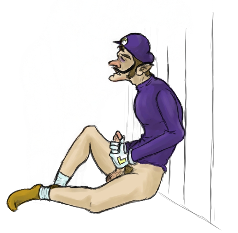 1boy against_wall balls bottomless brown_hair closed_eyes hands_on_penis human human_only male_focus male_only mario_(series) masturbation nesseggman nintendo pants_removed pubic_hair purple_hat purple_shirt shoes socks socks_and_shoes solo solo_male tagme testicles thighs waluigi white_background