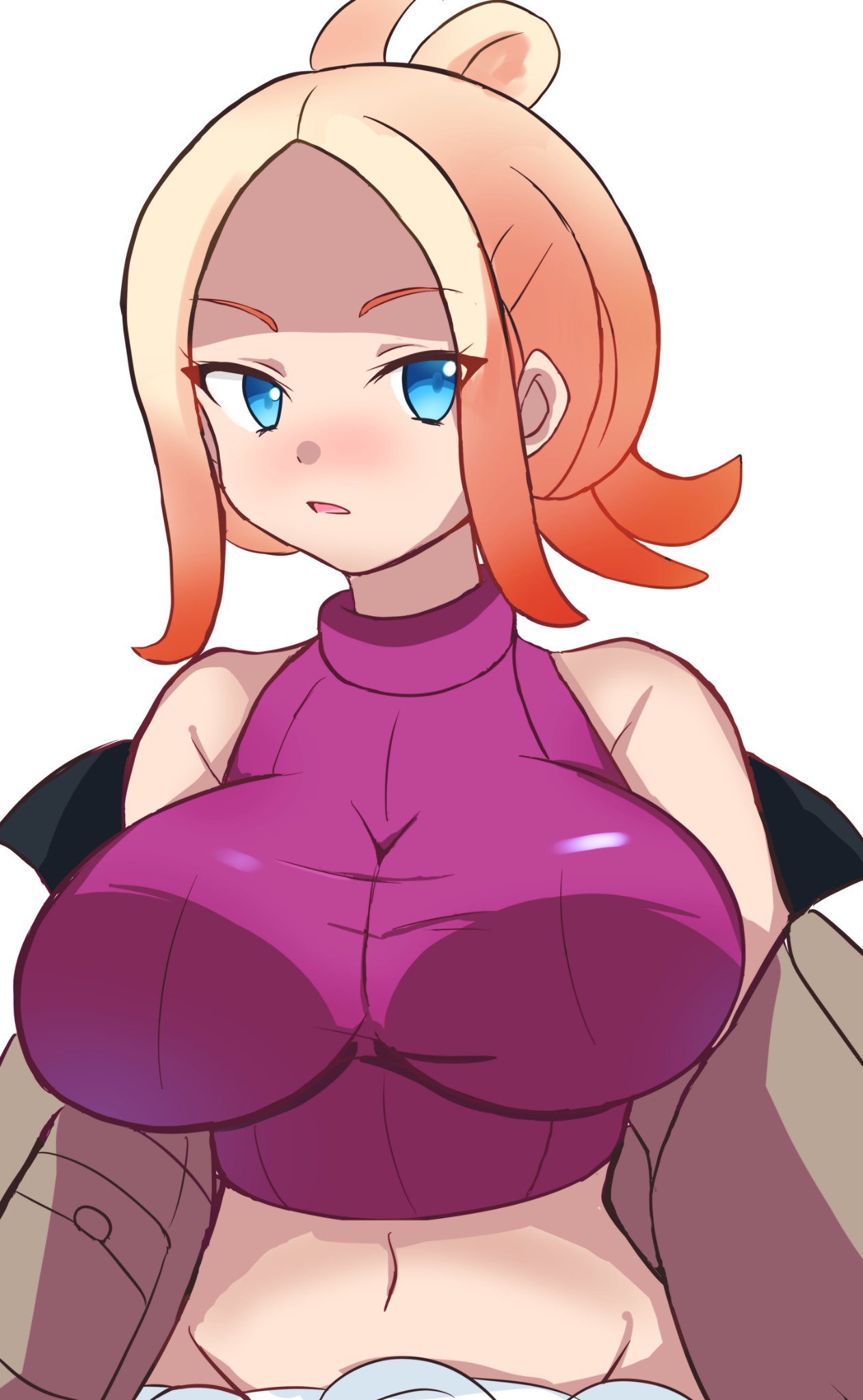 1girls, bare shoulders, blonde to pink hair, blue eyes, breasts, female, game freak, large breasts, looking at viewer, navel, nintendo, pokemon, pokemon legends: z-a, purple turtleneck, retori tori, short hair, simple background, sleeveless, sleeveless turtleneck, solo, solo female, solo focus, taunie (pokemon), townie (pokemon), turtleneck, white background