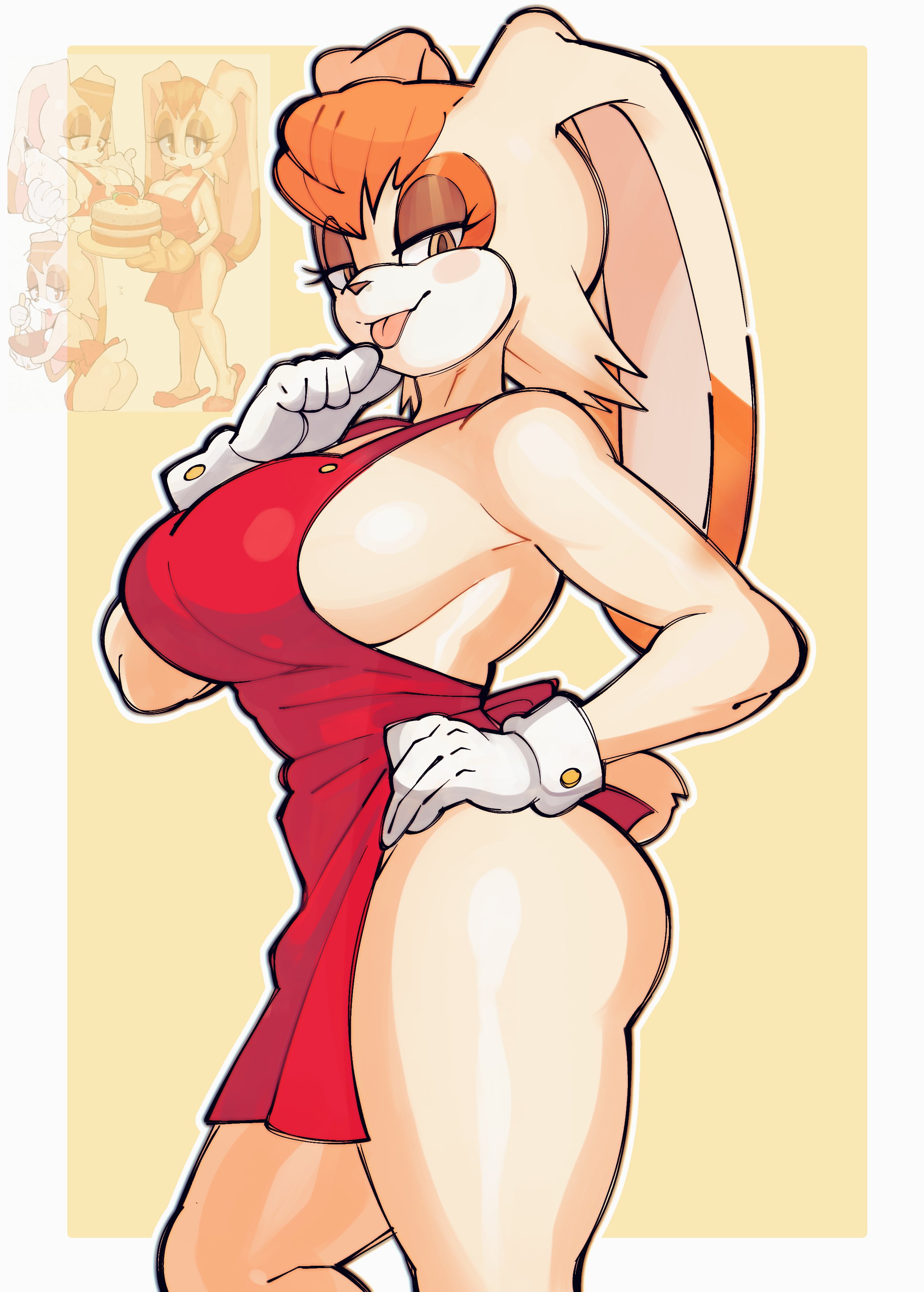 1girls, apron, apron only, chantiyi, female, furry, furry female, gloves, milf, sega, sonic (series), sonic the hedgehog (series), tongue out, vanilla the rabbit