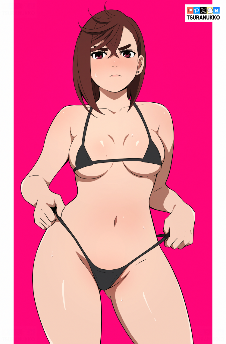 1girls, ayase momo, bikini, breasts, brown eyes, brown hair, brown-haired female, dandadan, earrings, female, female focus, female only, looking at viewer, medium breasts, micro bikini, solo, solo female, solo focus, sweat, swimsuit, thick thighs, thighs, tsuranukko, watermark