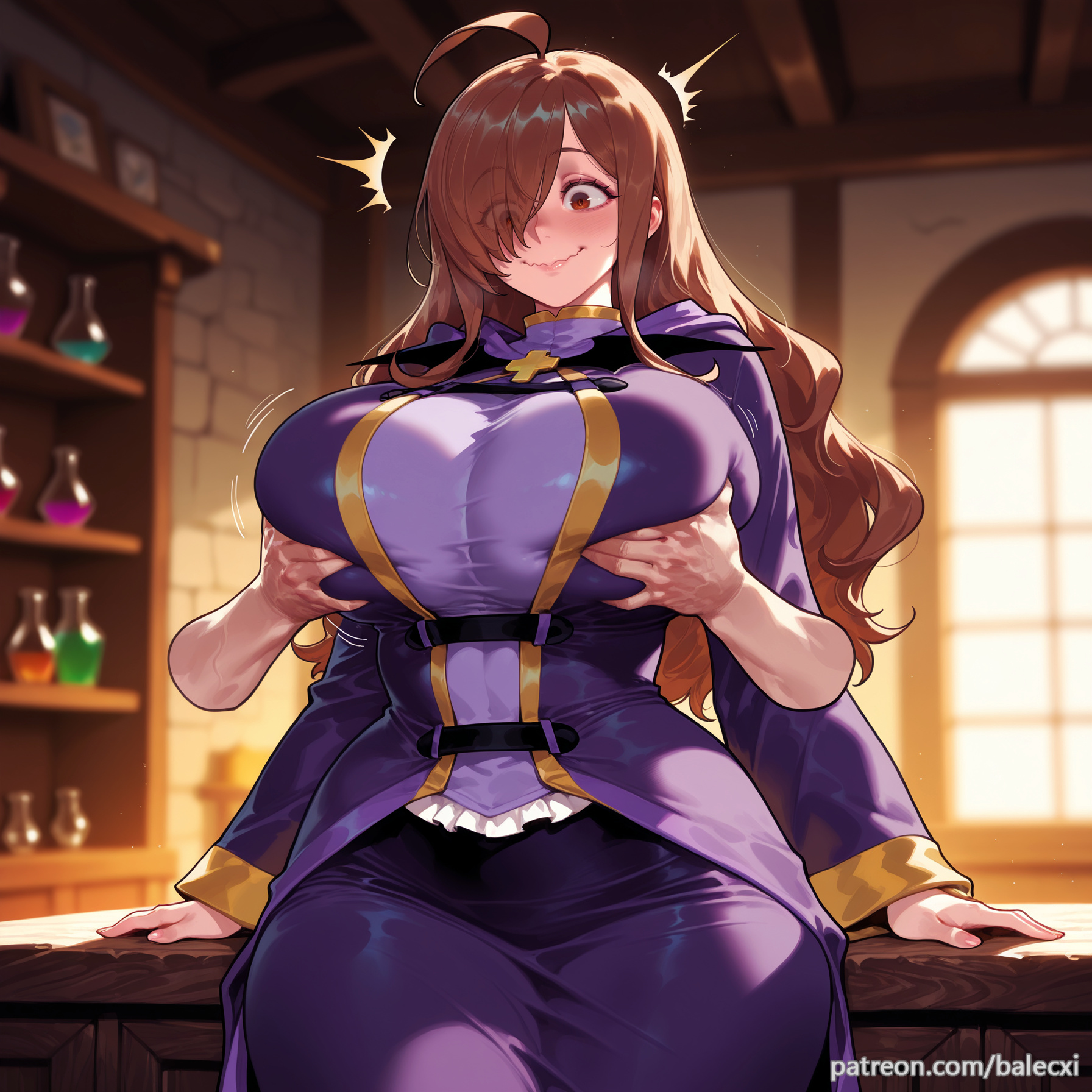 1boy, ahoge, ai generated, balecxi, blurry, blurry background, blush, brown eyes, brown hair, curvy, female, grabbing, grabbing another's breast, hair over one eye, huge breasts, indoors, kono subarashii sekai ni shukufuku wo!, long hair, long sleeves, patreon username, purple robe, straight, wavy mouth, wiz (konosuba)