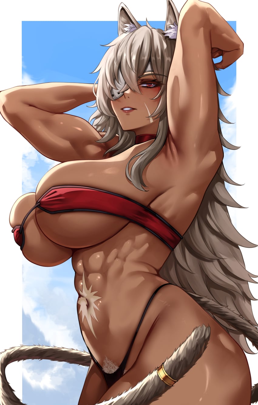 1girls, abs, absurd res, ahoge, animal ears, armpits, arms up, bandeau, bare shoulders, black panties, breasts, cat ears, cat girl, cat tail, choker, clouds, dark-skinned female, eyepatch, fit female, ghislaine dedoldia, grey hair, highres, karma3009, large breasts, long hair, looking at viewer, muscular, muscular female, mushoku tensei, panties, pubic hair, scar, sky, solo, solo female, tail, tail ornament, underboob