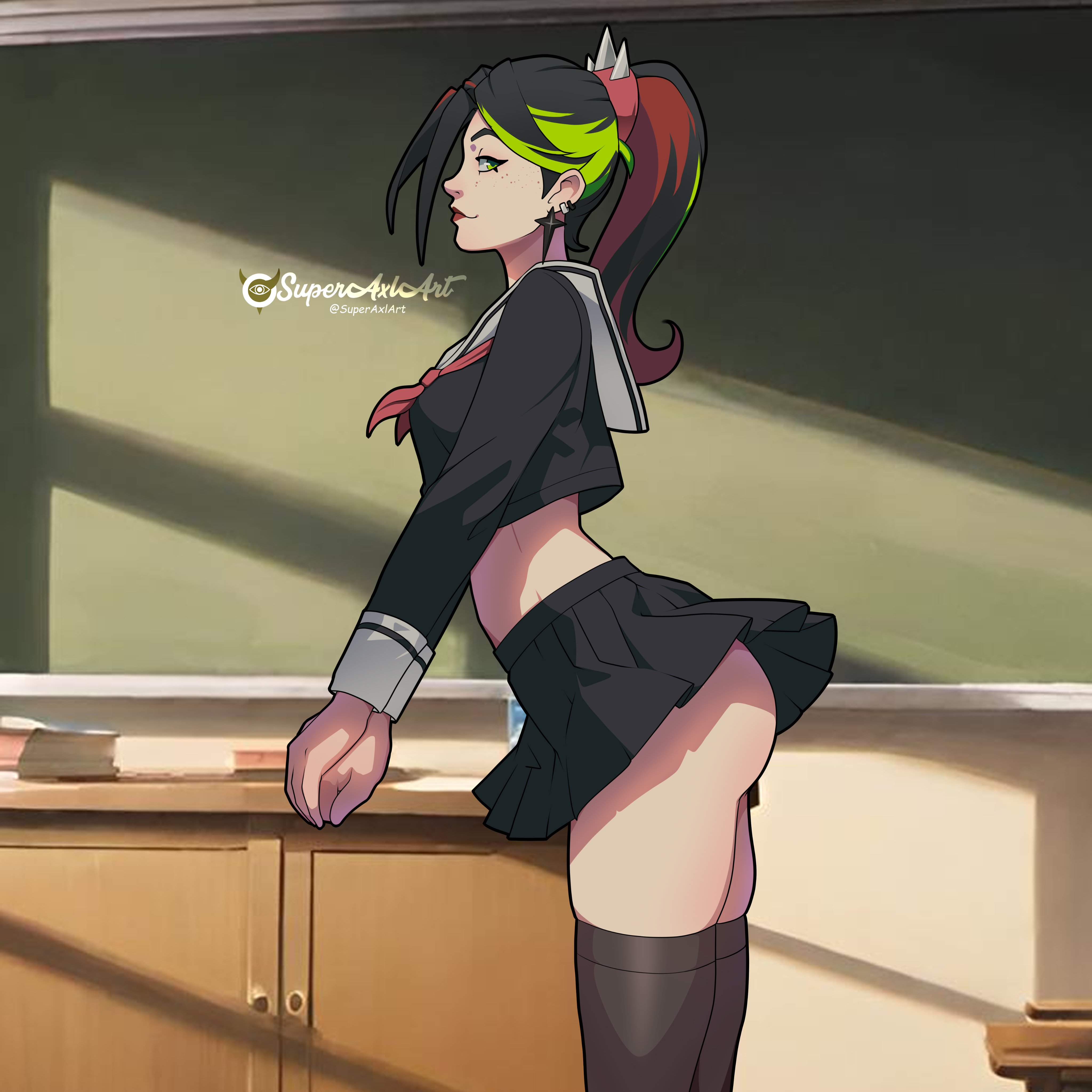 2d, alternate version available, ass, bare ass, clothed female, fortnite, helsie (fortnite), light-skinned female, school uniform, superaxlart, thighs, viewed from side