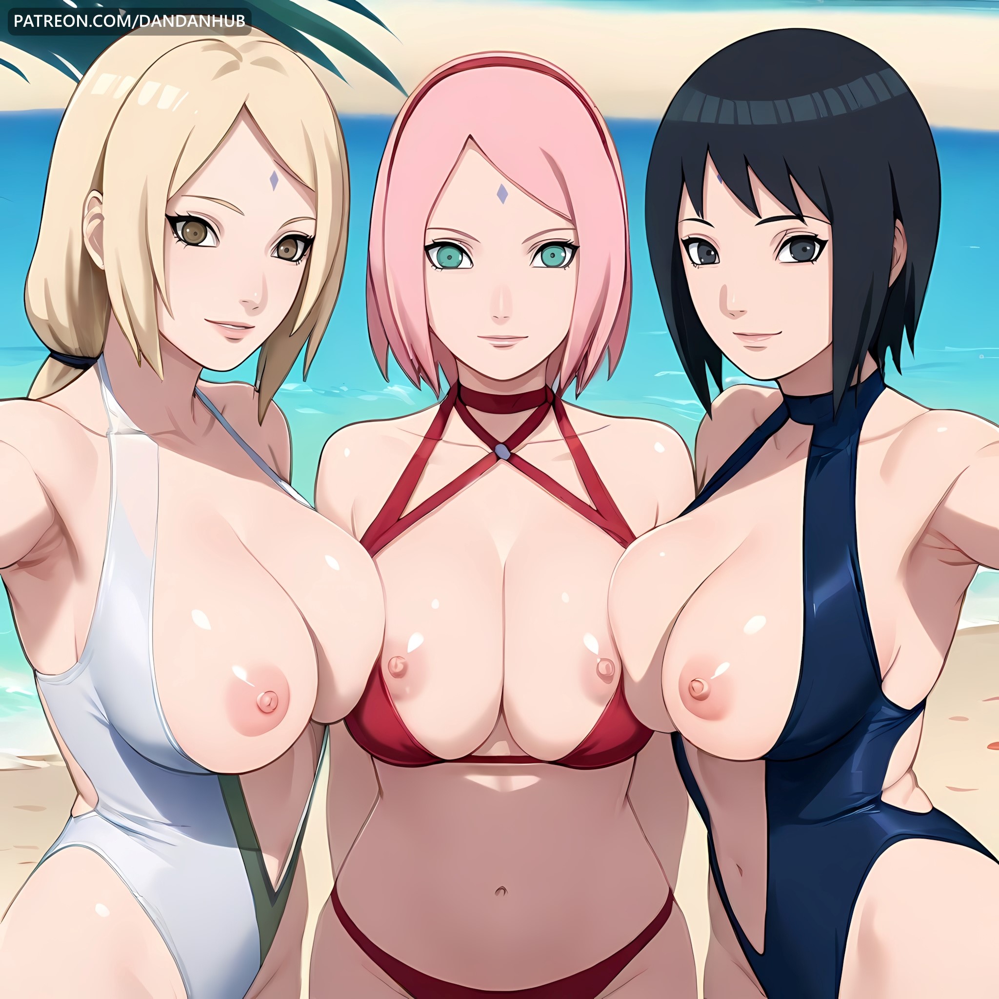 3girls, ai generated, asymmetrical docking, bangs, bare shoulders, beach, bikini, black eyes, black hair, blonde hair, boruto: naruto next generations, breast press, breasts, breasts out, brown eyes, cleavage, closed mouth, collarbone, dandanhub, day, facial mark, female, female only, forehead mark, green eyes, hairband, large breasts, long hair, looking at viewer, mature female, multiple girls, naruto, naruto (series), naruto shippuden, navel, nipples, ocean, one-piece swimsuit, outdoors, parted bangs, parted lips, pink hair, reaching towards viewer, red bikini, sakura haruno, sand, selfie, shiny, shiny skin, shizune, short hair, sky, smile, swimsuit, take your pick, tsunade