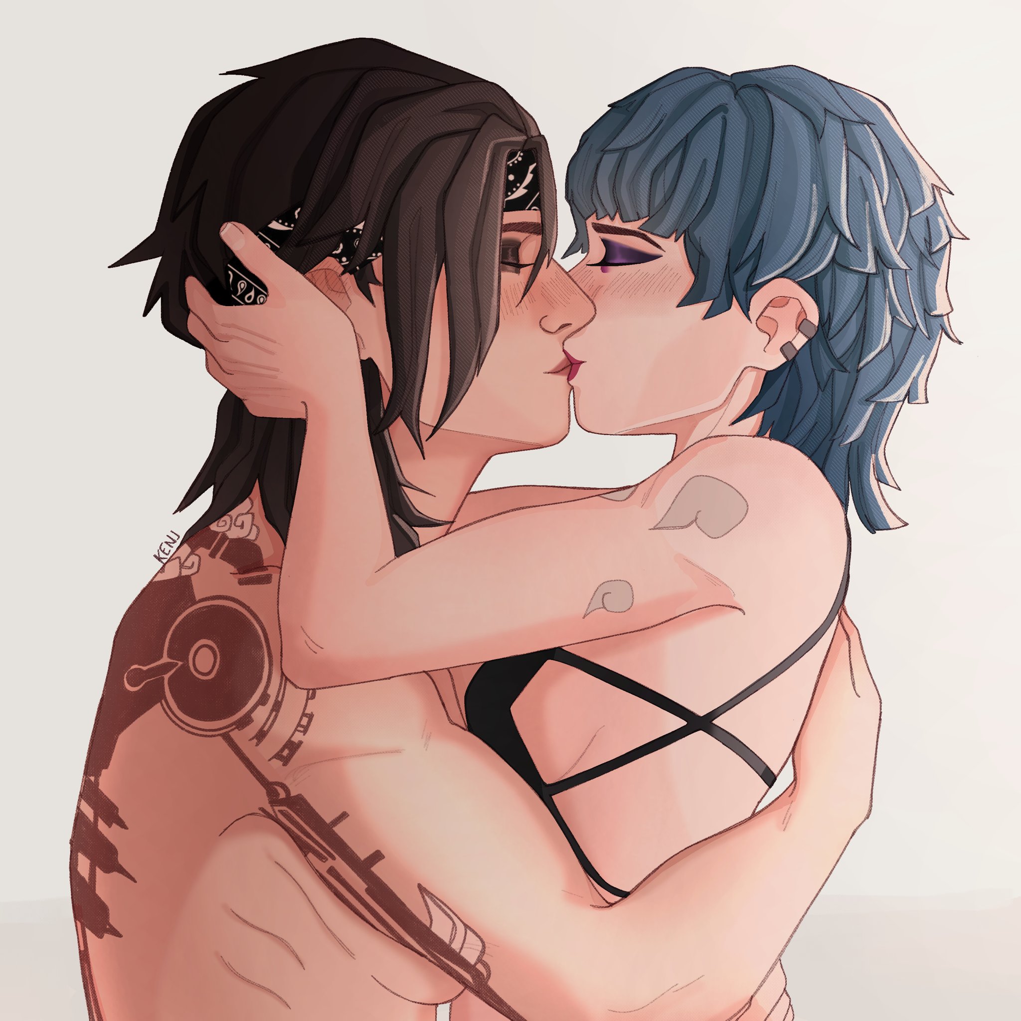2d, 2girls, arcane, arcane jinx, arcane vi, arm around partner, black hair, blue hair, blush, breasts, closed eyes, couple, embrace, female, female only, girls kissing, hug, hugging, incest, jinx (league of legends), kenkogs, kissing, league of legends, muscular, muscular female, nude, powder (arcane), siblings, sisters, tattoo, tattoos, vi, yuri