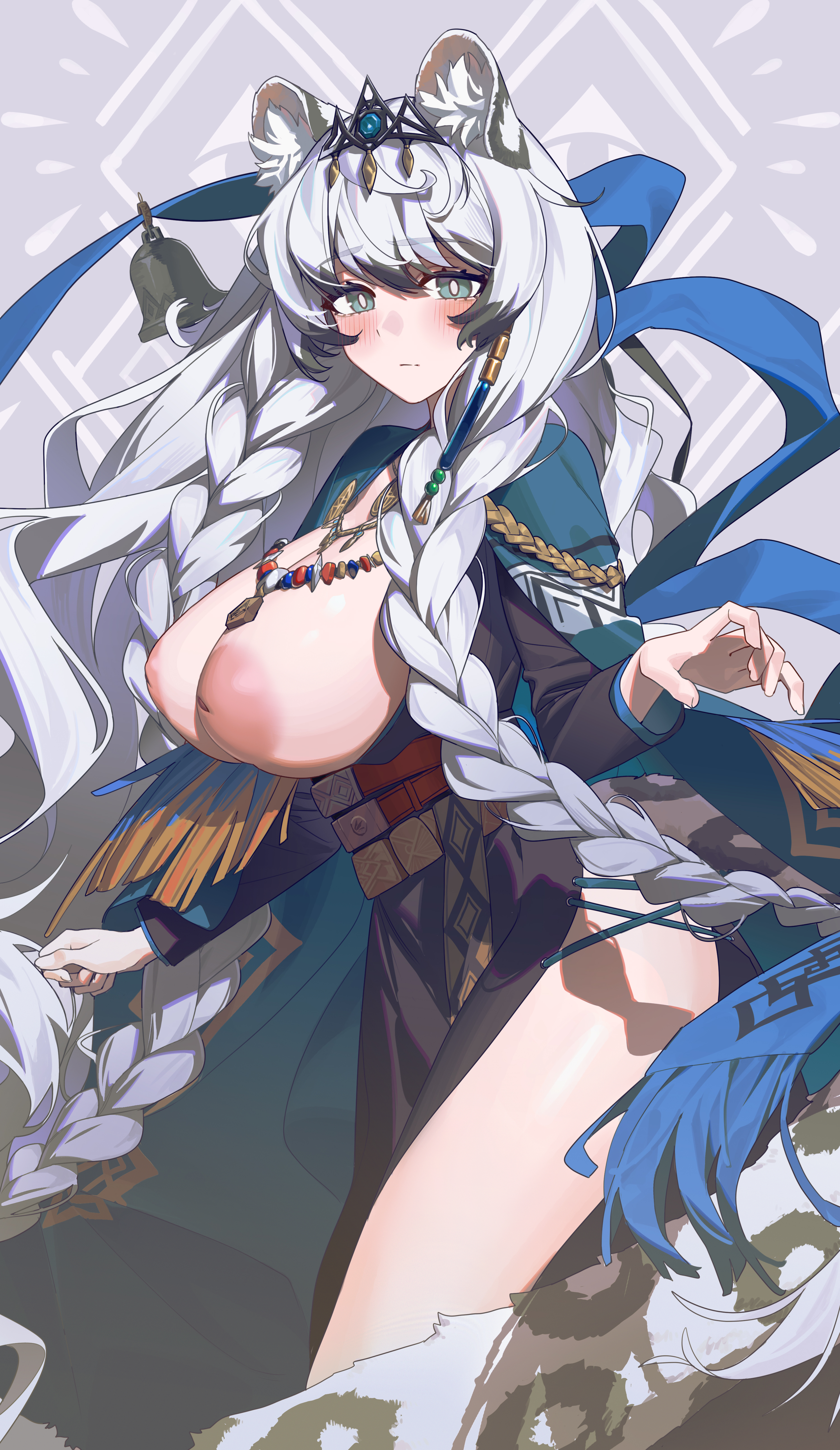 1girls, accessory, airseal, animal ears, areolae, arknights, big breasts, blush, braided hair, breasts, breasts out, dress, exposed breasts, female, female only, fingers, grey eyes, grey hair, hands, highres, inverted nipples, kemonomimi, large areolae, large breasts, light skin, light-skinned female, long hair, looking at viewer, necklace, nipples, no bra, pramanix (arknights), solo, standing, thigh, tiara, twin braids, very long hair, white hair