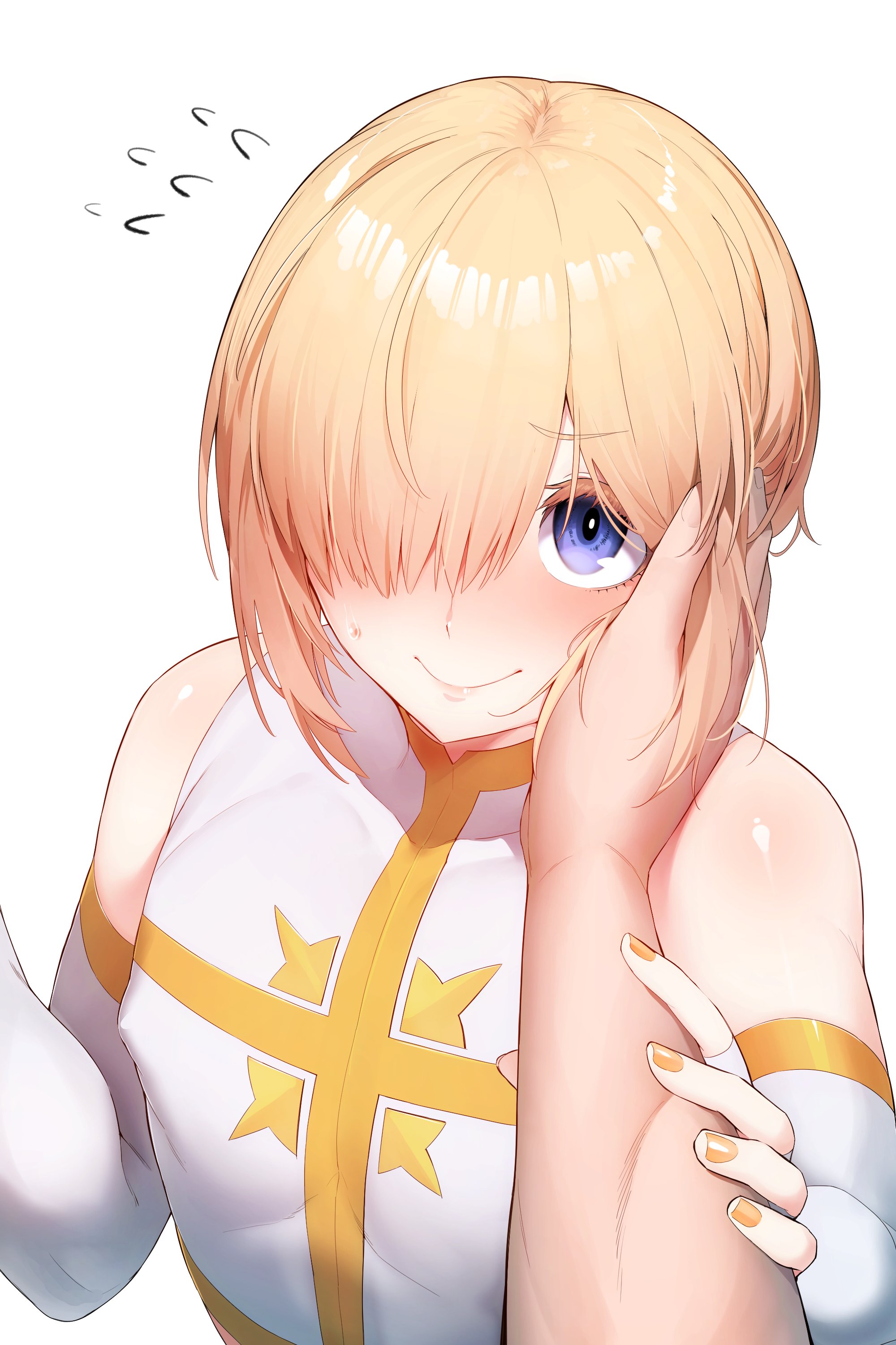 1boy, ain (in), blonde hair, blush, clothing, crossdressing, cute, cute face, disembodied hand, femboy, flustered, hair over one eye, hand on cheek, holding cheek, looking at viewer, male, male only, nipple bulge, offscreen character, otoko no ko, petting