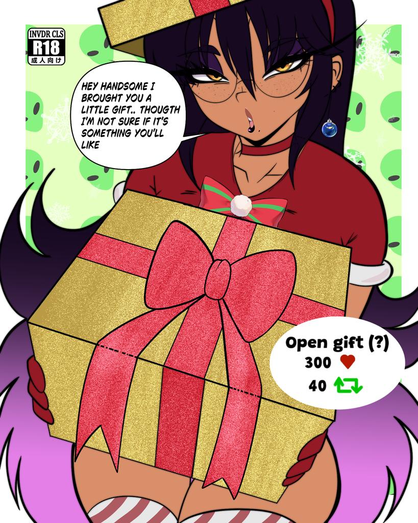 1girls, 2025, beauty mark, black hair, christmas, christmas 2025, christmas outfit, christmas present, dark-skinned female, dialogue, english, english dialogue, english text, eris (invdrcls), eyelashes, eyeshadow, female, female only, freckles, freckles on face, gift, glasses, invdrcls, like and retweet, lipstick, long hair, looking at viewer, makeup, oc, original, original character, solo, solo female, thick thighs, thighhighs, two-tone hair, wide hips, yellow eyes