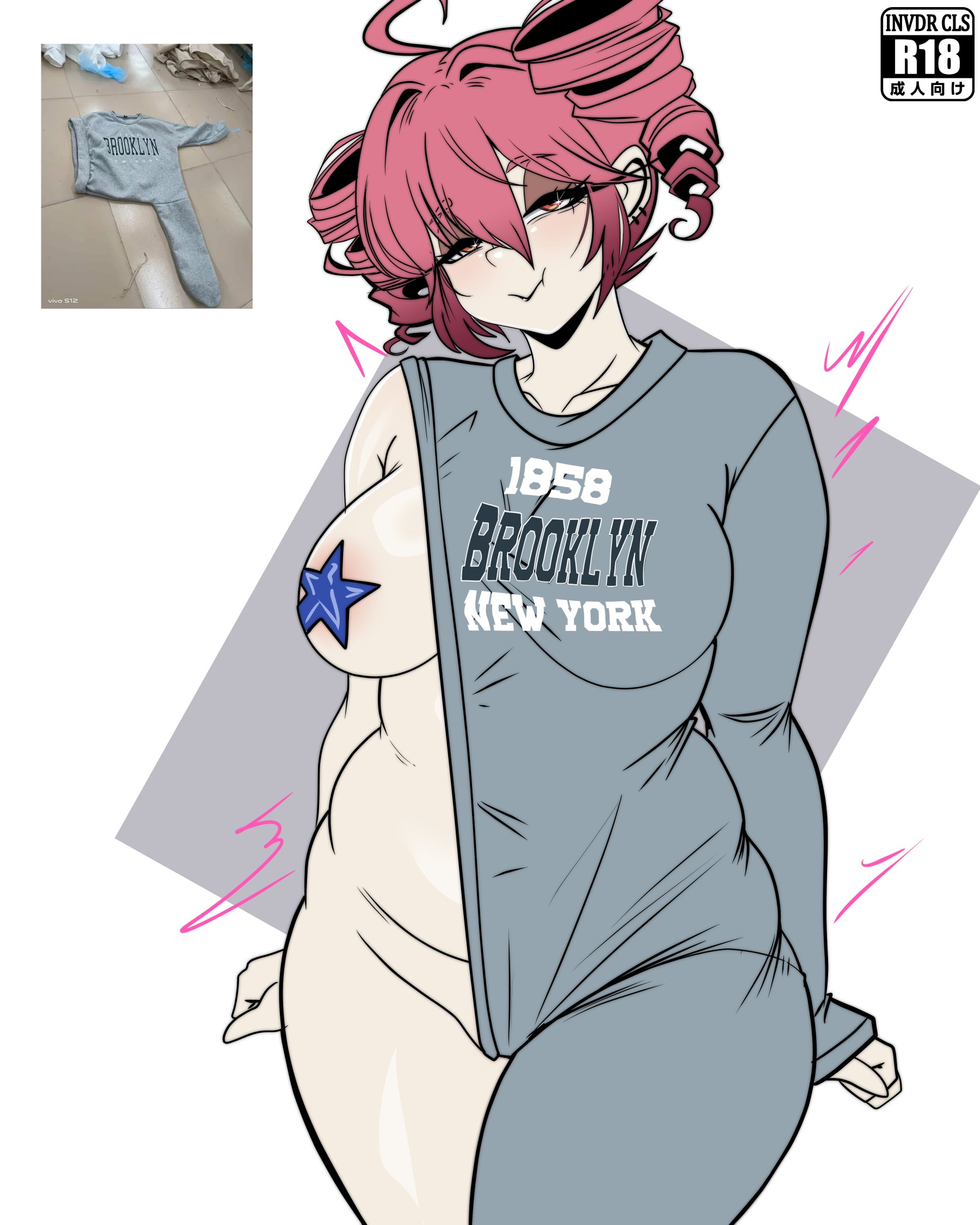 1girls, 2d, 2d (artwork), ahoge, areola slip, areolae, artist logo, artist name, belly, big belly, big breasts, big thighs, biting lip, biting own lip, blush, breasts, brooklyn sweater, chubby, chubby belly, chubby female, chubby girl, chubby hips, chubby thighs, clothed, clothed female, clothing, curvaceous, curvy, curvy female, curvy figure, exposed belly, exposed breasts, exposed pussy, exposed thighs, exposed torso, eyelashes, fat breasts, fat mons, fat thighs, female, female only, half-closed eyes, hips wider than shoulders, huge thighs, invdrcls, kasane teto, large breasts, large thighs, looking at viewer, makeup, mascara, massive thighs, meme, meme reference, nipple pasties, no panties, partially visible pussy, partially visible vulva, pasties, plump, plump breasts, plump labia, plump pussy, pussy, pussy bulge, pussy lips, pussy peek, red eyes, red hair, reference image, revealing clothes, seductive, seductive look, seductive smile, shiny skin, simple background, solo, solo female, thick thighs, thighs, thighs bigger than head, tight clothing, tilted head, tremble spikes, trembling, twin drills, utau, vagina, voluptuous, voluptuous female, white background, wide hips