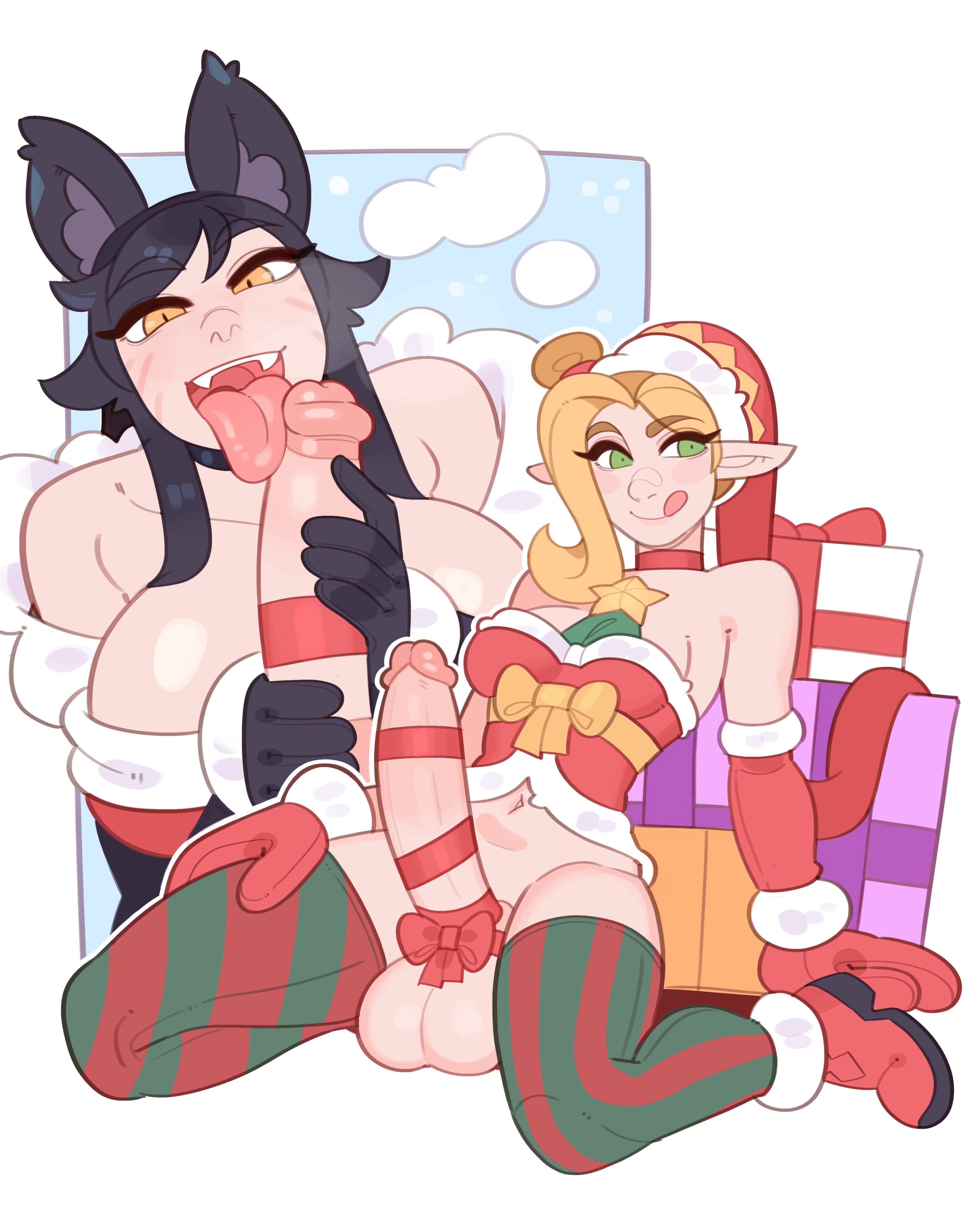 ahri, balls, big balls, big breasts, big cock, big penis, big thighs, black hair, blonde hair, breasts, cock, elf ears, futa on female, futanari, green eyes, huge balls, huge breasts, huge cock, jinx (league of legends), league of legends, licking, licking penis, light skin, light-skinned female, light-skinned futa, light-skinned futanari, looking at viewer, massive cock, massive penis, penis, splashbrush, thighhighs, thighs, tongue, tongue out, yellow eyes