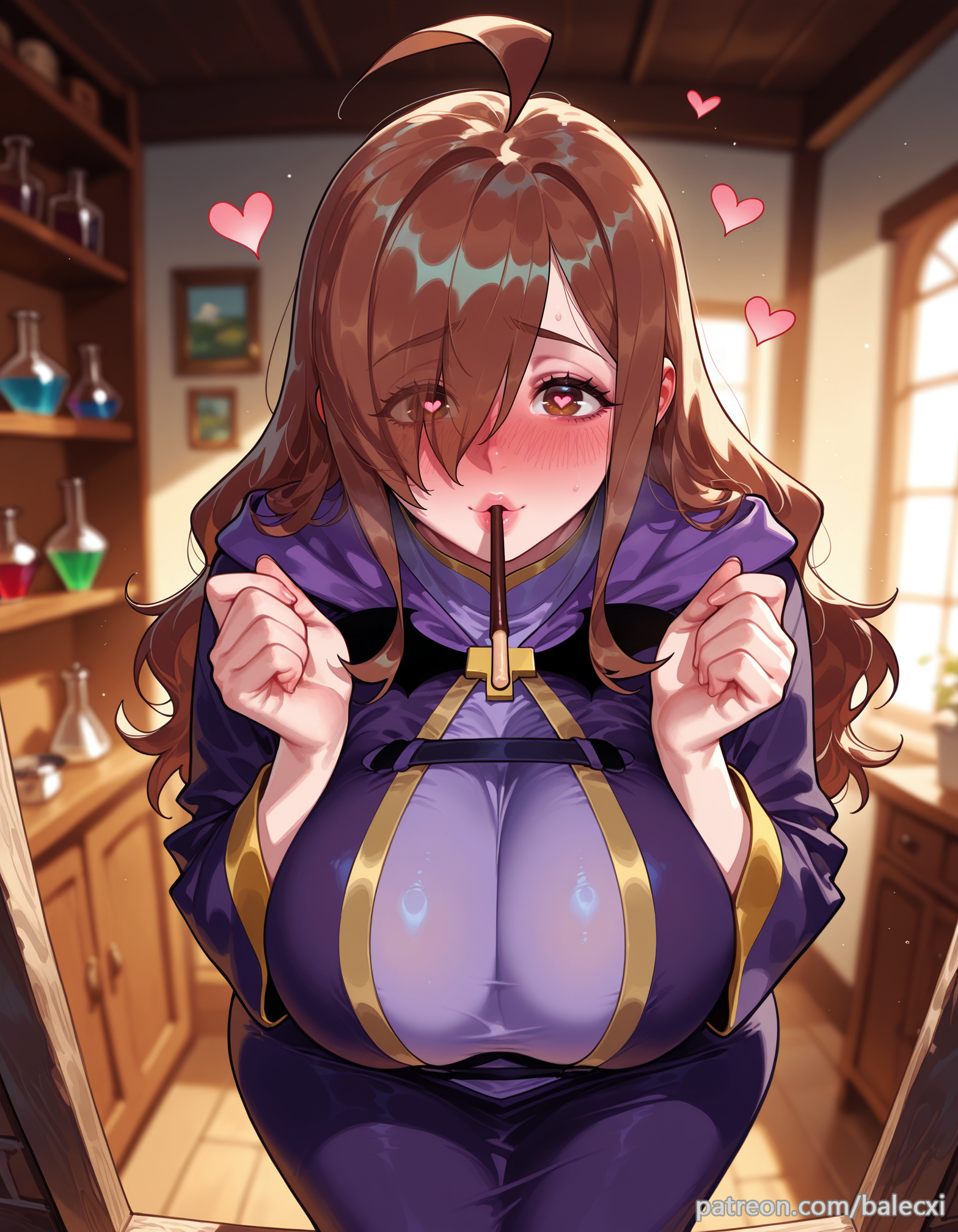 ahoge, ai generated, balecxi, blurry, blurry background, blush, brown eyes, brown hair, female, food, hair over one eye, heart, heart-shaped pupils, indoors, kono subarashii sekai ni shukufuku wo!, large breasts, leaning forward, long hair, long sleeves, looking at viewer, patreon username, pocky, purple robe, solo, symbol-shaped pupils, web address, wiz (konosuba)