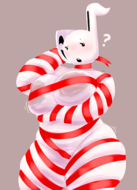 anthro, areola slip, big ass, big breasts, big butt, cosplay, dil0vencheirus, dilovencheirus, gangle (the amazing digital circus), otamatone, red wraps, the amazing digital circus, thick ass, thick butt, thick thighs, wrappings