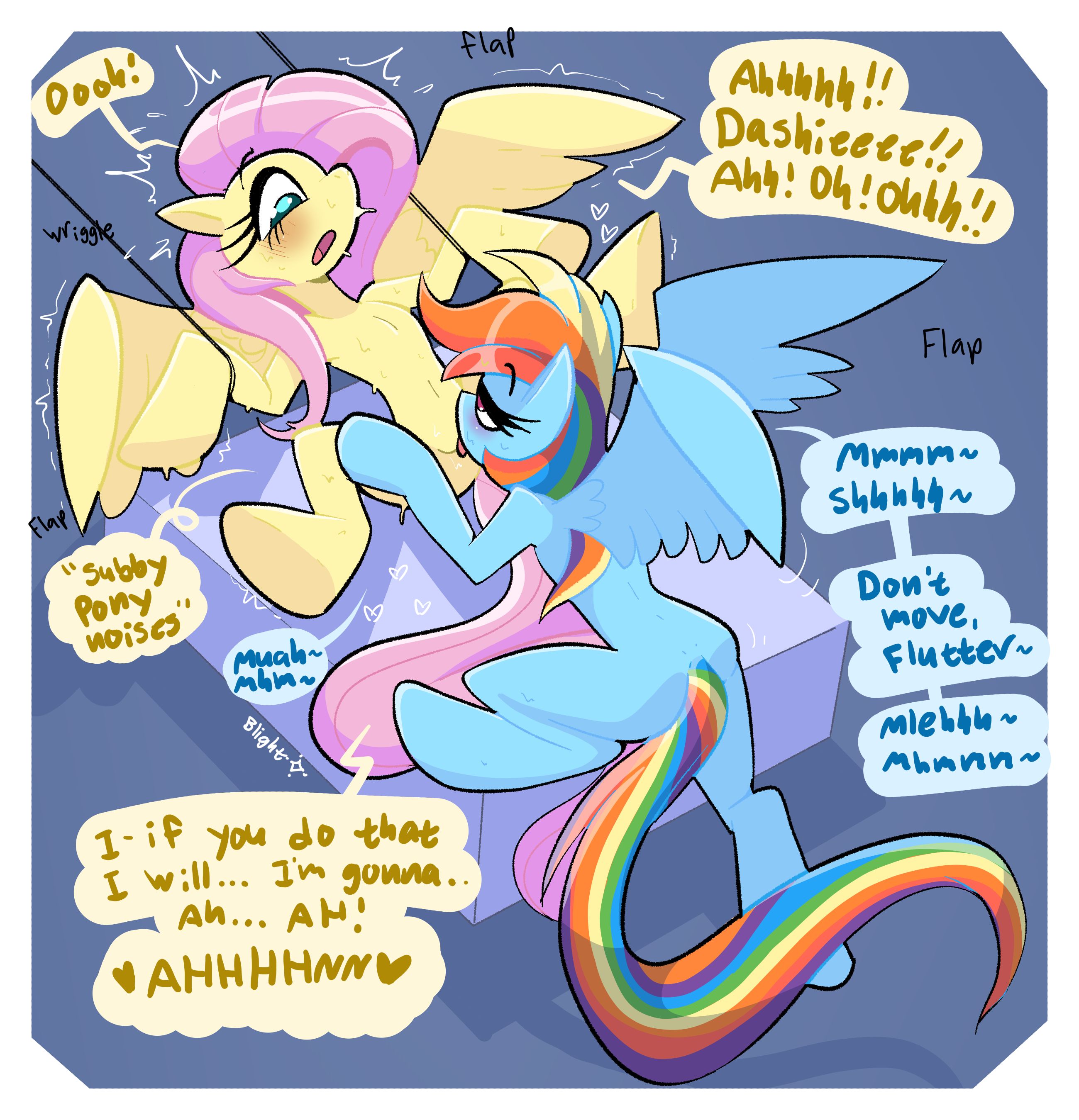 2girls, blightstar, blue fur, cunnilingus, dialogue, english text, female, female only, feral on feral, fluttershy (mlp), half-closed eyes, heart, horse tail, my little pony, on back, on bed, open mouth, pink hair, rainbow dash (mlp), rainbow hair, speech bubble, spread legs, tagme, text, tied up, wings, yellow fur, yuri