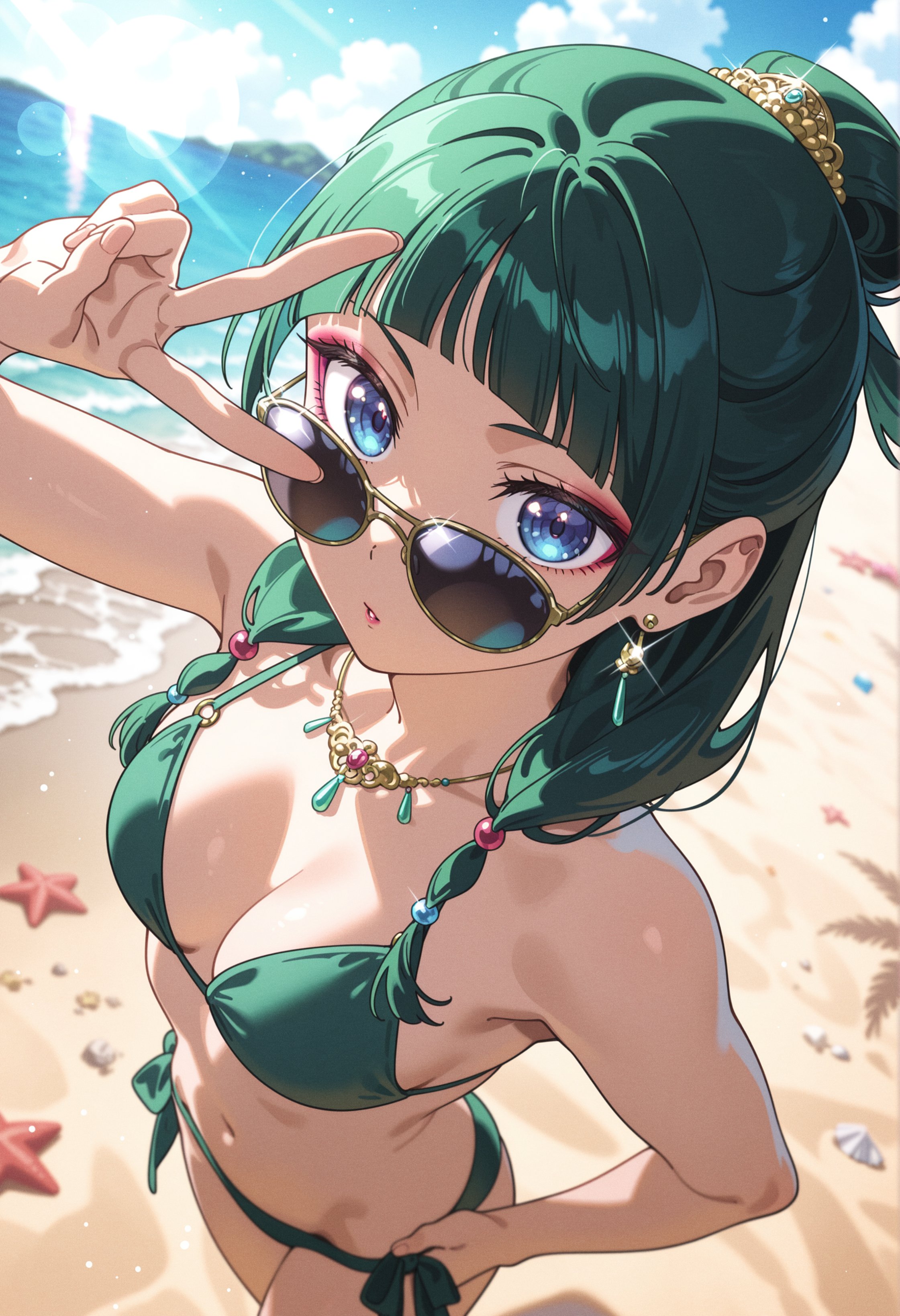 1girls, ai generated, bangs, beach, bikini, black bikini, blue eyes, blunt bangs, blurry, breasts, cleavage, collarbone, day, earrings, female, female only, green bikini, green hair, hair bun, hair ornament, hand on hip, jewelry, kawaani main, kusuriya no hitorigoto, long hair, looking at viewer, looking over eyewear, looking over sunglasses, maomao (kusuriya no hitorigoto), medium breasts, navel, necklace, ocean, outdoors, sand, shell, side-tie bikini, solo, star (symbol), starfish, stomach, sunglasses, swimsuit, tinted eyewear, v, v over eye, water