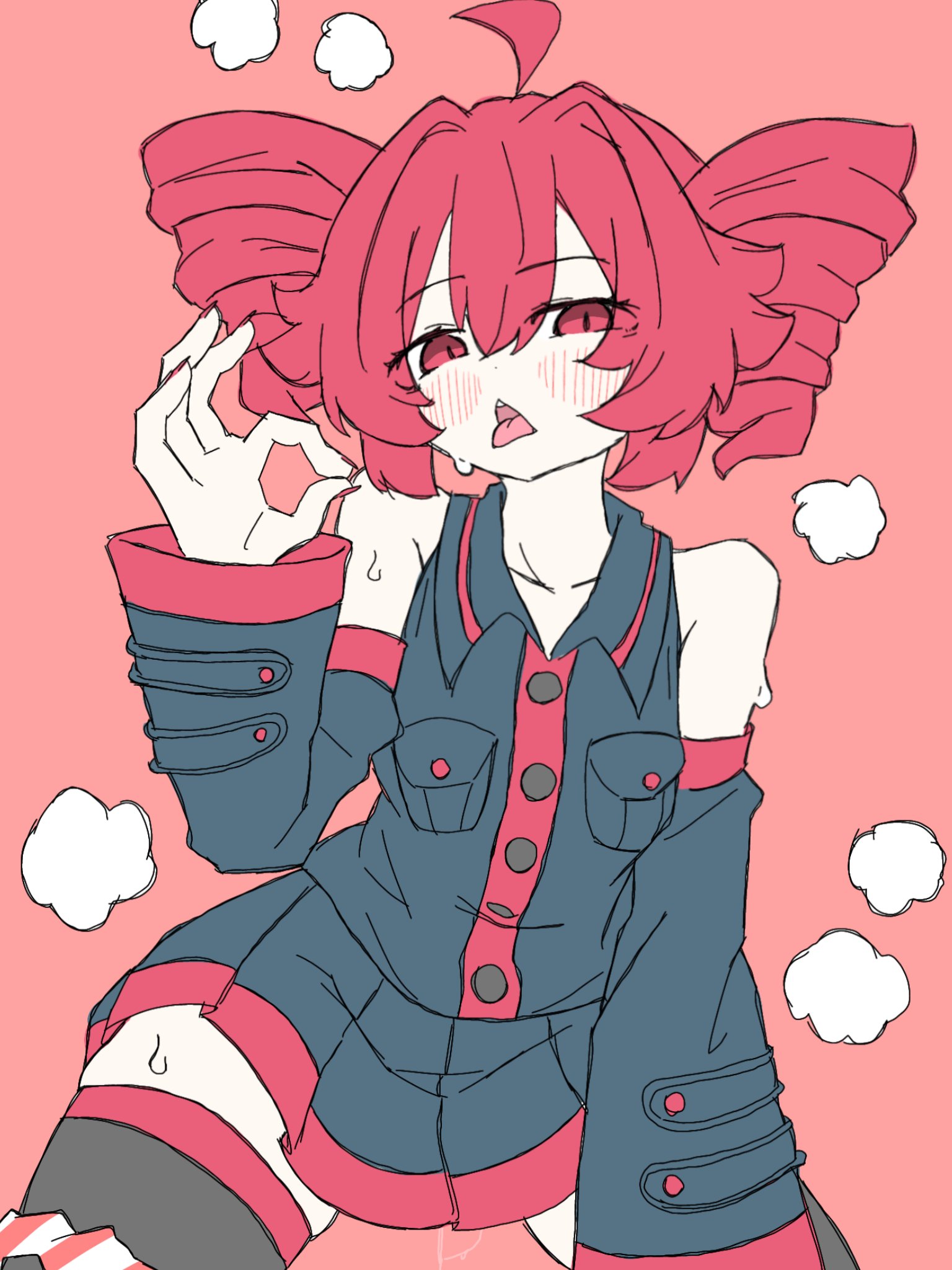 1girls, 2d, 2d (artwork), ahoge, big thighs, blush, blush lines, clothed, clothed female, clothing, cock hungry, detached sleeves, dripping pussy, dripping vagina, eyelashes, fellatio face, fellatio gesture, female, female only, fully clothed, half-closed eyes, horny, horny female, inviting, inviting to oral, inviting to sex, kasane teto, kneeling, large thighs, lewd, looking at viewer, nail polish, open mouth, oral invitation, painted nails, panties, panties around leg, panties around one leg, panties off, panties removed, petite, petite body, petite female, pink background, pussy dripping, pussy juice, pussy juice drip, pussy juice trail, red eyes, red hair, red nails, seductive, seductive look, seductive pose, simple background, skindentation, skinny, skinny female, skirt, slim girl, slim waist, solo, solo female, spread legs, squirting, steam, steaming body, striped panties, suggestive, suggestive gesture, suggestive look, suggestive pose, sweat, sweating, thick thighs, thighhighs, thighs, tongue, tongue out, tukemono6500, twin drills, utau, vaginal fluids, wet, wet pussy