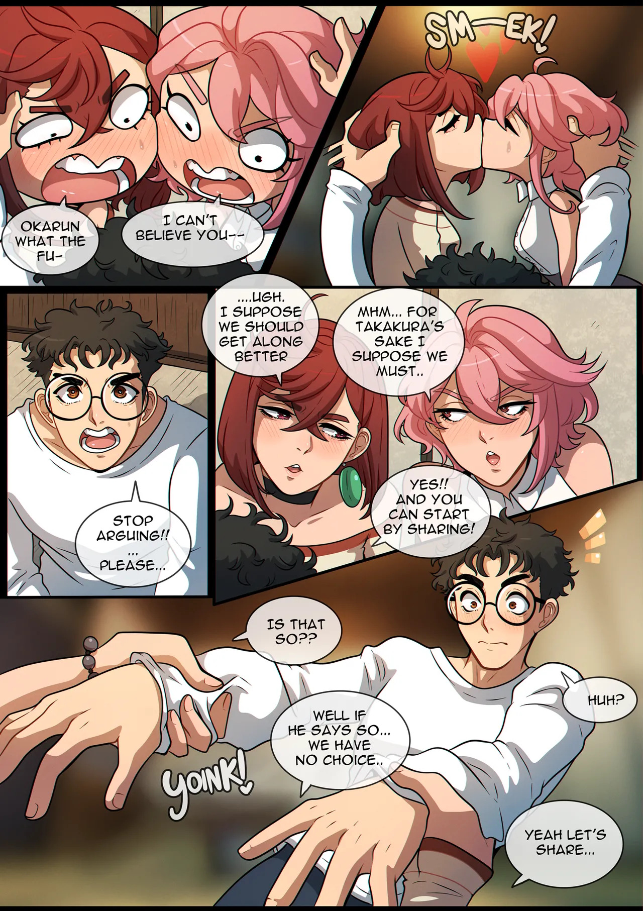 1boy, 2girls, ayase momo, black hair, black-haired male, brown hair, brown hair female, brown-haired female, clothed female, clothed male, dandadan, earrings, glasses, grabbing arms, kinkymation, kissing, momo ayase, page 2, pink hair, pink hair female, pink-haired female, shiratori aira (dandadan), takakura ken (okarun), threesome