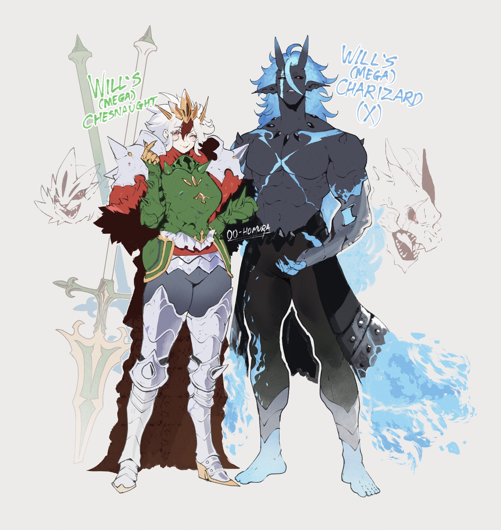 1boy, almonde jagger, armor, black pants, bloodlight (nyantcha), brigarron, brown hair, charizard, chesnaught, claws, colored bangs, creature and personification, english text, female, fire, gen 1 pokemon, gen 6 pokemon, hi res, highres, lizardon, mega brigarron, mega charizard x, mega chesnaught, mega lizardon x, mikhail (thiccwithaq), multicolored hair, nintendo, open mouth, original, pants, personification, pokemon, pokemon (creature), pokemon legends: z-a, smile, text, thiccwithaq, two-tone hair, white hair