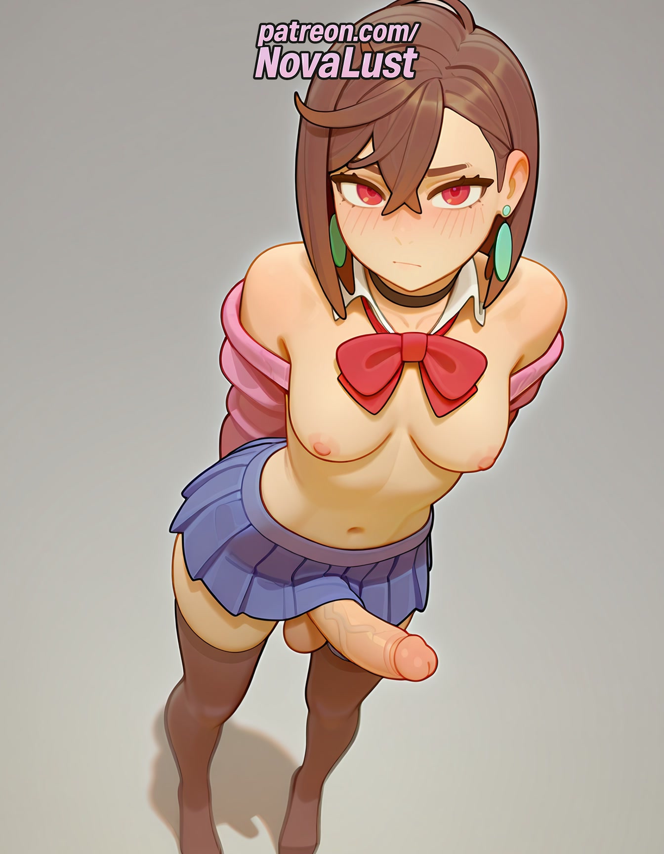 1futa, 2025, ai generated, artist name, ayase momo, bangs, blush, bow, brown hair, cock, crossdressing, dandadan, dick, ear piercing, earrings, erection, exposed nipples, foreskin, from above, futanari, grey background, hair between eyes, hi res, high quality, high resolution, highres, jewelry, large penis, male focus, navel, newhalf, nipples, nipples outside, novalust, otoko no ko, patreon, patreon username, penis, phimosis, pleated skirt, precum, red eyes, skirt, solo, stable diffusion, testicles, thighhighs, uncensored, watermark