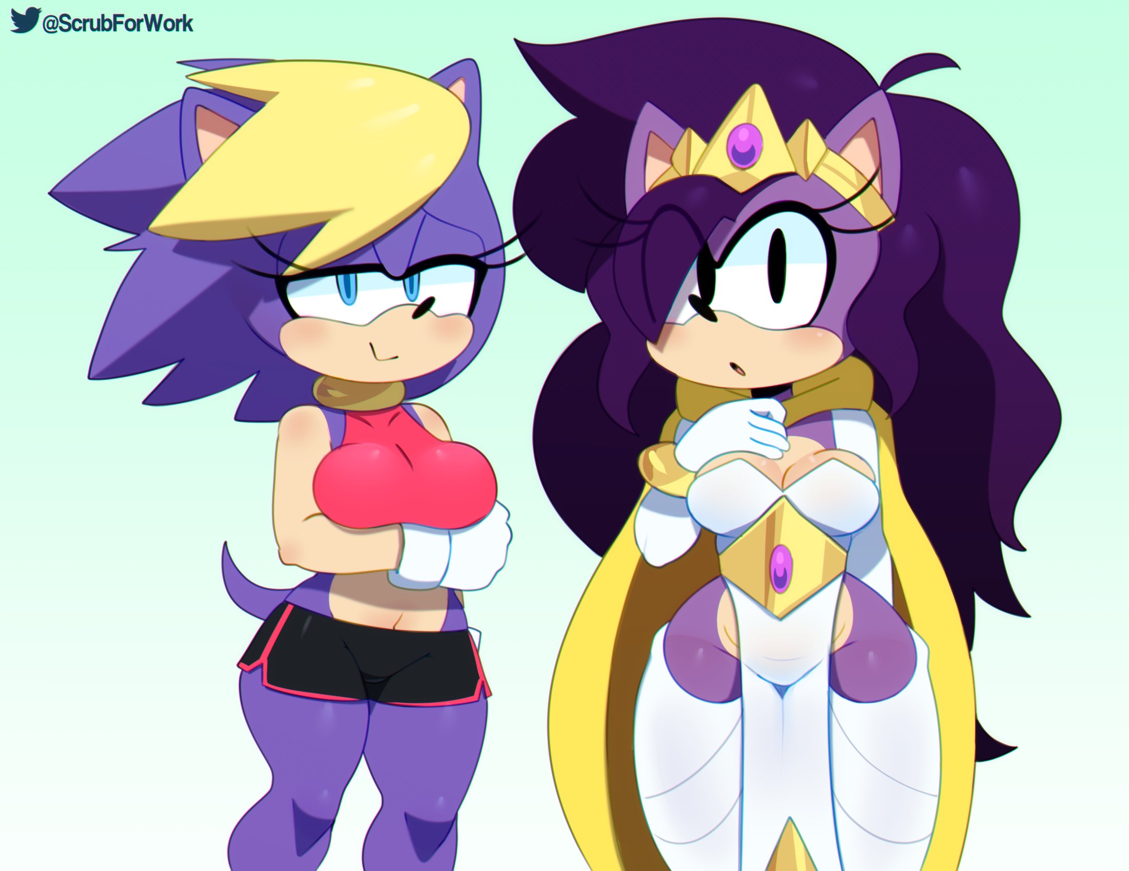 :>, :o, 2girls, bernadette hedgehog, blonde female, blonde hair, blue eyes, blue fur, clothed, furry, hedgehog, hedgehog girl, milf, mobian, mobian (species), mobian hedgehog, purple fur, queen aleena, queen aleena hedgehog, royalty, sexy, smile, somescrub, sonic (series), sonic the hedgehog (archie), sonic the hedgehog (comics), sonic the hedgehog (series), sonic underground