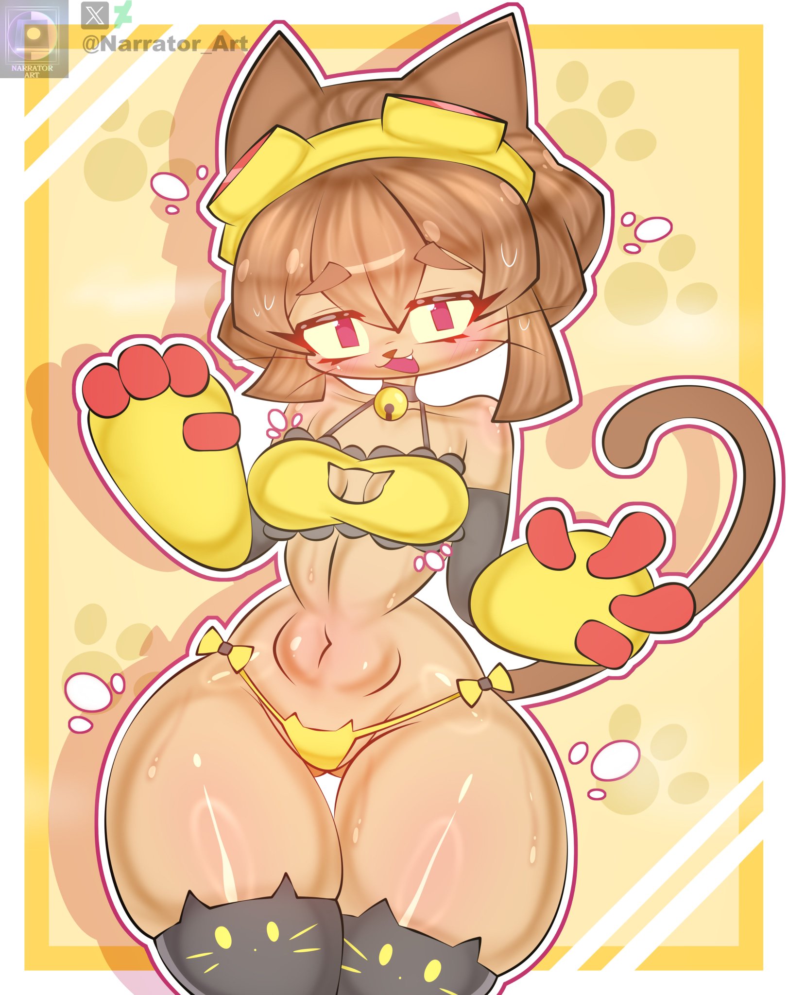 anthro, belly, bra, cat, cat ears, cat lingerie, cat tail, catgirl, curvy figure, cute, female, female only, fur, furry, gameoverse, glitch productions, kit (gameoverse), kit bodega, narrator art, panties, sexy outfit, solo, thick thighs, thighhighs, tight clothing
