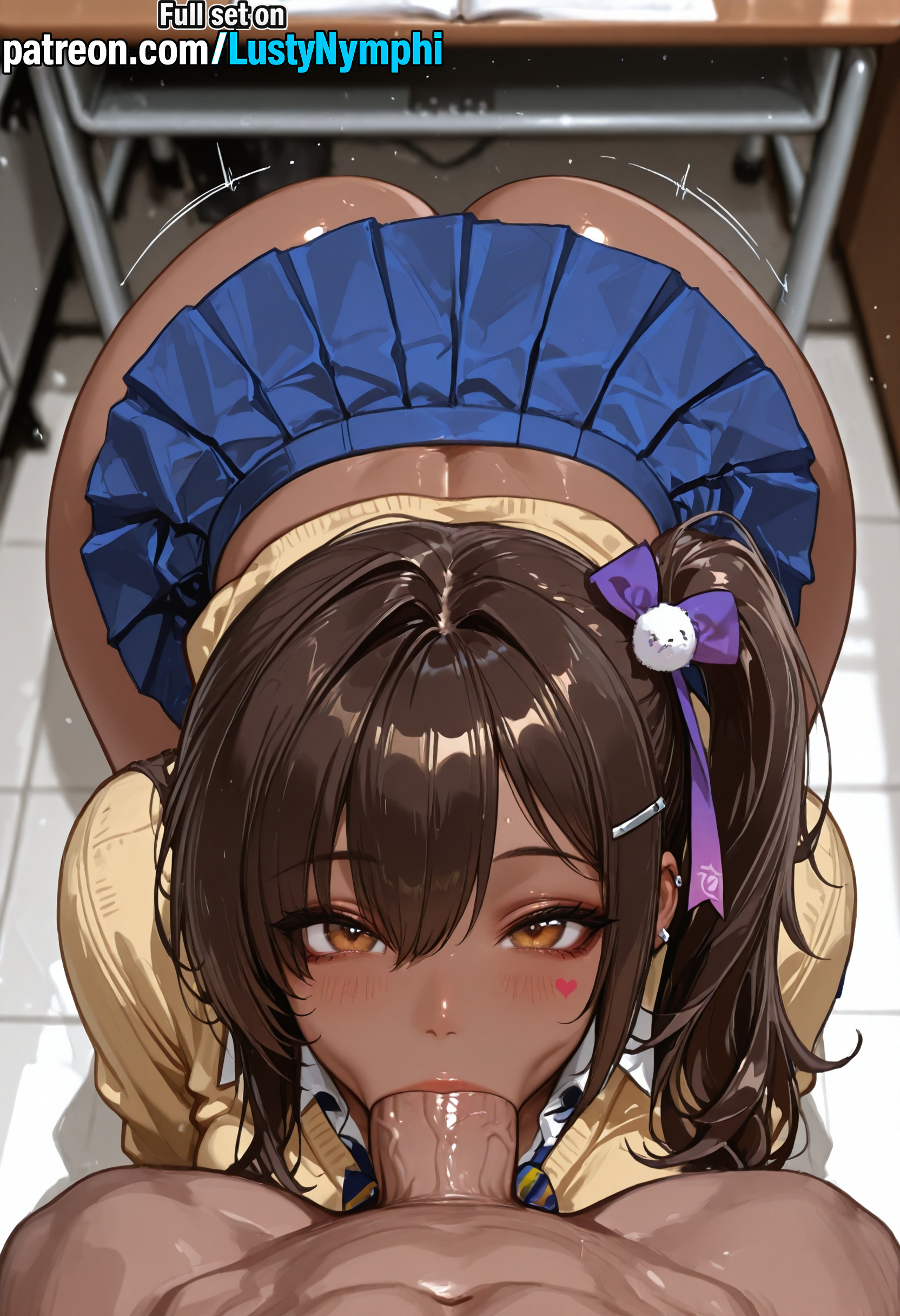 1boy, 1girls, ai generated, artist name, fellatio, female, goddess of victory: nikke, lustynymphi, naga (nikke), oral, patreon url, patreon username, penis, pov, skirt, straight, uncensored, watermark