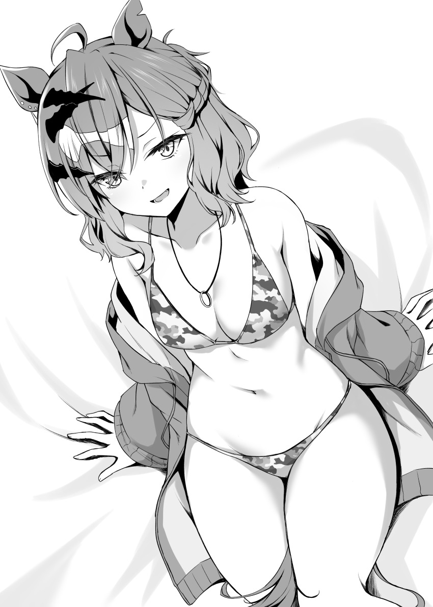 1girls, animal ears, camouflage bikini, horse girl, jacket, jacket partially removed, jungle pocket (umamusume), looking at viewer, ryochapu, sitting on bed, umamusume, umamusume pretty derby