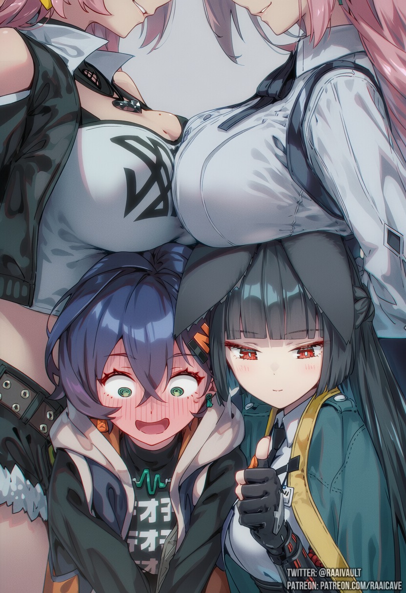 @ @, 4girls, ai generated, animal ears, bangs, belle (zenless zone zero), big breasts, black hair, blue hair, blush, bow, bowtie, breast press, breast rest, breasts, breasts on head, breasts squeezed together, cape, closed mouth, crop top, dress shirt, earrings, fox girl, full-face blush, fur trim, fur-trimmed shorts, gauntlets, gloves, green cape, green eyes, hair ornament, heart, heart necklace, hime cut, hood, hooded vest, hoodie, hoshimi miyabi, hoyoverse, jacket, jewelry, large breasts, long hair, micro shorts, midriff, mole, mole on breast, multiple girls, necklace, necktie, nicole demara, open mouth, partially fingerless gloves, patreon username, pink hair, raaicave, raaivault, red eyes, shirt, shorts, single gauntlet, smile, thumbs up, tsukishiro yanagi, twitter username, vest, yuri, zenless zone zero