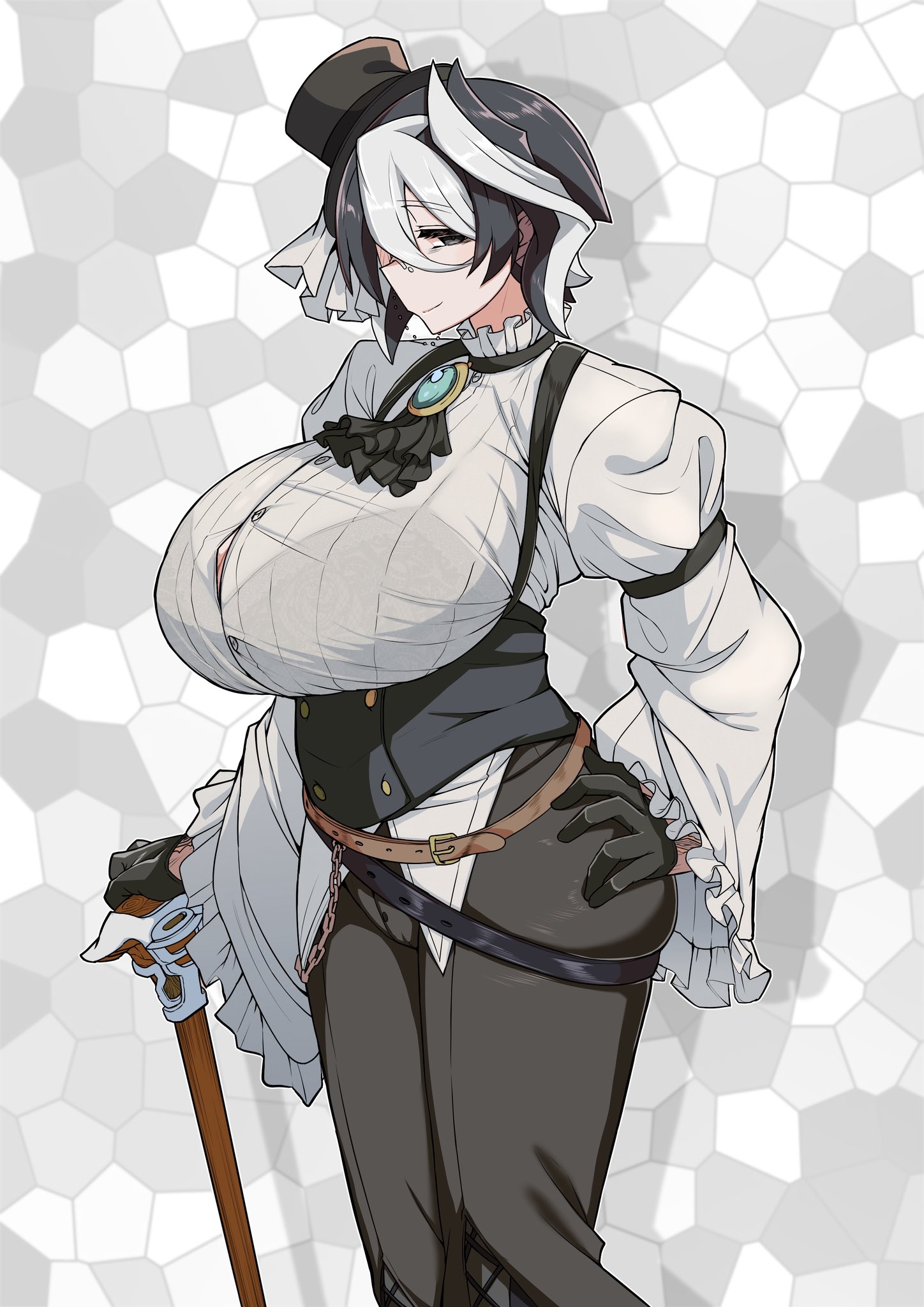alternate costume, big breasts, black and white hair, black gloves, black hair, blouse, bra, bra visible through clothes, cane, female, female only, formal, formal wear, fully clothed, gloves, huge breasts, made in abyss, monocle, ozen, short hair, smile, solo, top hat, two-tone hair, waistcoat, yaguchiyuki