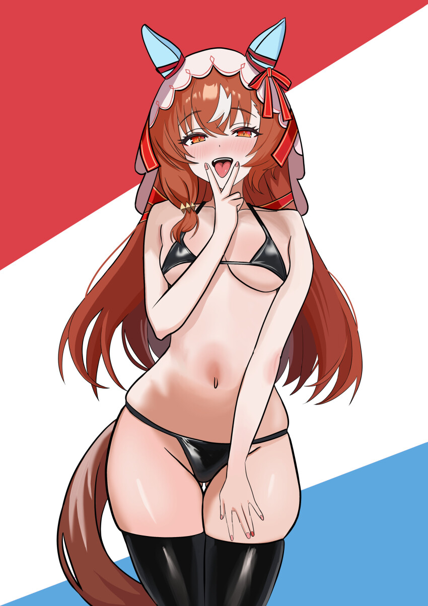 alternate version available, black bikini, black panties, latex, latex thighhighs, still in love (umamusume), thighhighs, thighs, umamusume, umamusume pretty derby