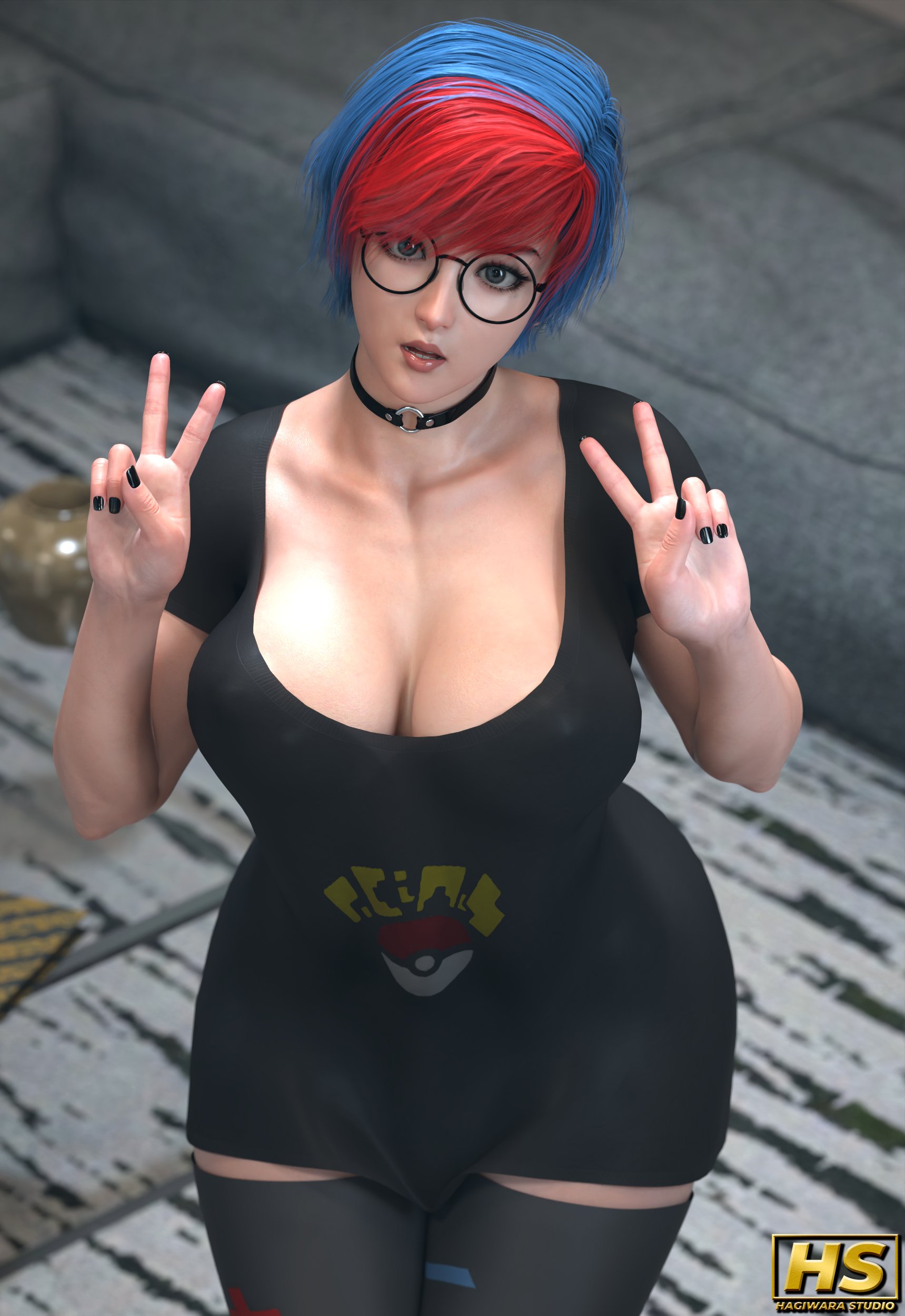1girls, 2025, 3d, 3d (artwork), areolae, areolae visible through clothing, artist logo, artist signature, ass, bangs, big ass, big breasts, big butt, black nail polish, black nails, blue eyes, blue hair, boobies, boobs, breasts, busty, choker, cleavage, clothed, clothed female, clothing, color, colored, curvaceous, curves, curvy, curvy body, curvy female, curvy figure, fanart, female, full color, game freak, glasses, hagiwara studio, hair, hips, huge breasts, large ass, large breasts, large butt, light skin, light-skinned female, looking at viewer, multicolored hair, nail polish, nails, nails painted, naughty, nintendo, nipples, nipples visible through clothing, peace sign, penny (pokemon), pokemon, pokemon sv, pose, posing, red hair, round glasses, short hair, stockings, thick thighs, thighhighs, thighs, tits, titties, video game, video game character, video game franchise, video games