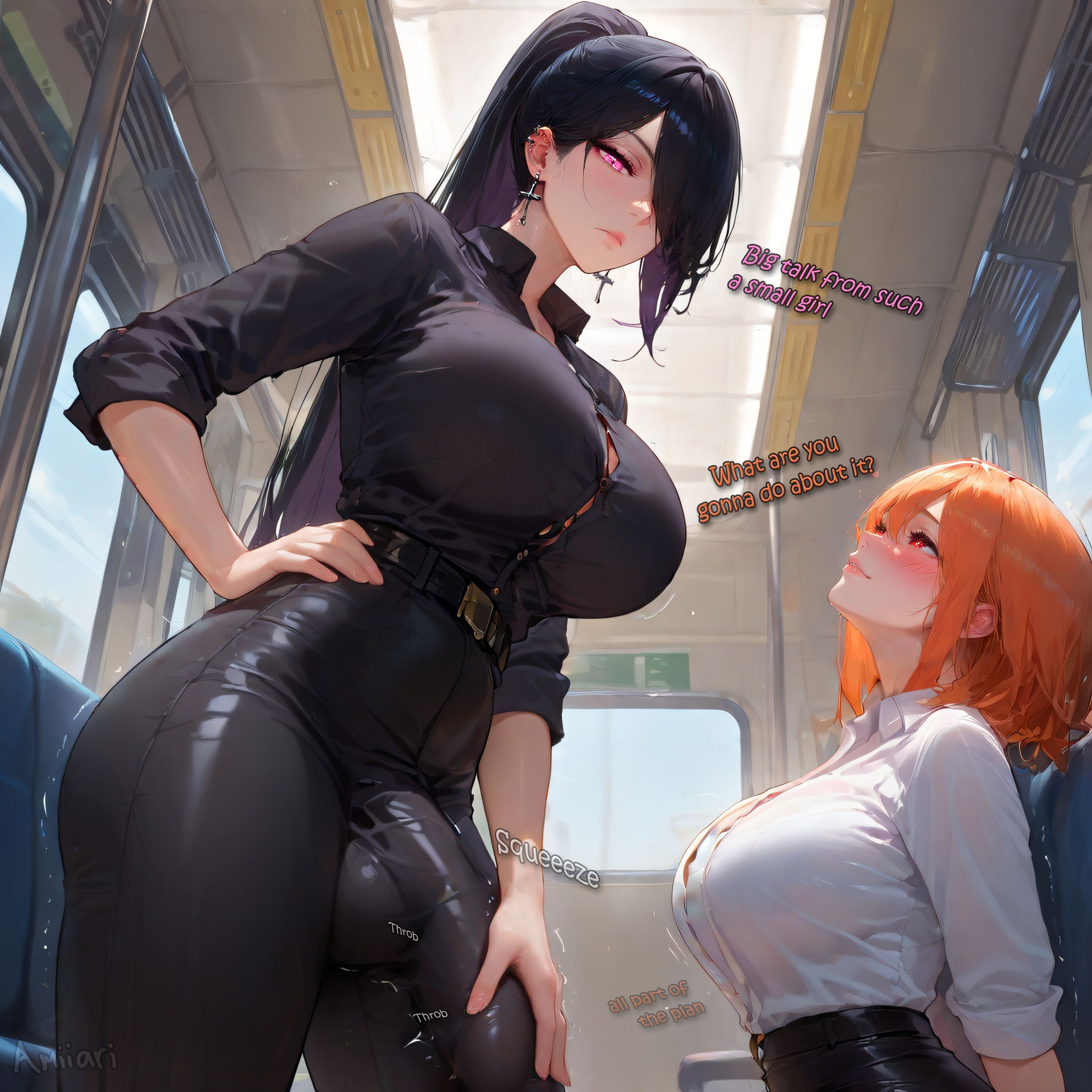 1futa, 1futa1girl, 1girl1futa, 1girls, absurdres, ai generated, amiiari, bartender, belt, big breasts, big penis, black hair, black pants, black shirt, blush, blushing, brat, bulge, bulge down leg, bulge through clothing, bulge under clothes, captioned, catcalling, collared shirt, comic, comic page, comic panel, confrontation, cross earrings, detailed, dialogue, dickgirl, dominant, dominant futa, erection under clothes, erection under clothing, from side, futa, futanari, goth, gothic, groping penis, hair over one eye, hand on bulge, hand on hip, hand on penis, height difference, high-waist pants, holding bulge, holding penis, horny, horny futa, huge penis, imminent sex, in heat, intersex, intersex/female, intimidation, lan (amiiari), large breasts, large penis, long penis, medium breasts, office clothing, office lady, one eye covered, one eye obstructed, orange hair, original character, pencil skirt, penis, penis outline, penis under clothes, pink eyes, public, public transportation, punishment, rebecca (amiiari), red eyes, short hair, shorts, sitting, skin tight, skindentation, sleeves rolled up, smug, smug expression, smug eyes, smug face, smug grin, smug smile, squeezing penis, standing, stretched clothing, subway, subway train, taller female, text, thick thighs, thinking, tight clothing, train, voluptuous, white shirt