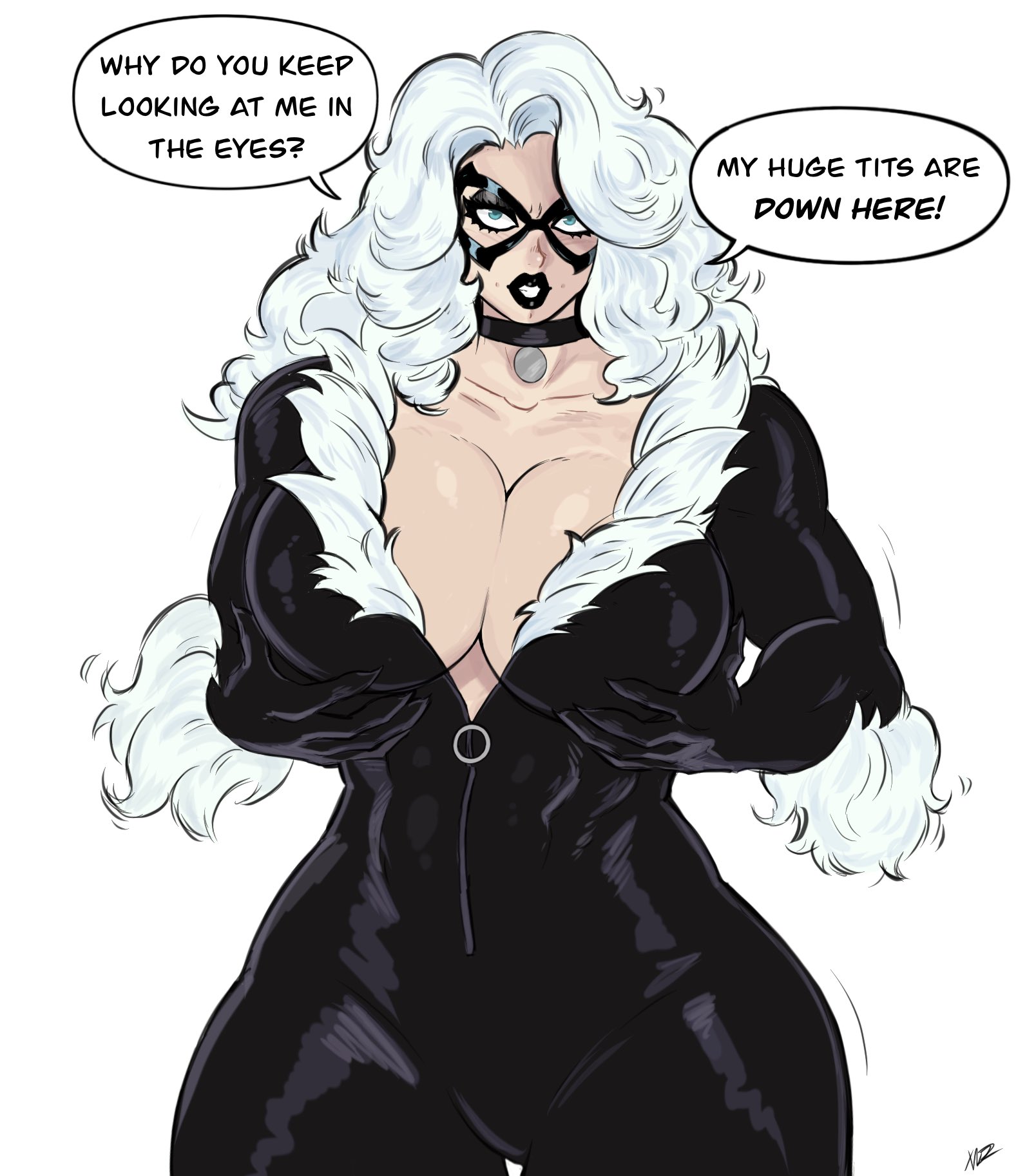 1girls, 2025, alluring, alternate version available, big breasts, black cat (marvel), black lipstick, blue eyes, bodysuit, breasts, bursting breasts, choker, collar, color, colored, commission, commission art, curvaceous, curvaceous body, curvaceous female, curvaceous figure, curvaceous hips, curvy, curvy body, curvy female, curvy figure, curvy hips, dominant female, enticing, eyelashes, eyemask, eyeshadow, felicia hardy, female, hands on breasts, hands on own breasts, hips, holding breasts, huge breasts, large breasts, looking at viewer, marvel, marvel comics, mask, masked, masked female, massive breasts, open bodysuit, open clothes, pinup, round breasts, seducing, seductive, seductive look, shiny, shiny breasts, shiny clothes, shiny skin, simple background, skin tight, spider-man (series), superheroine, teasing, teasing viewer, temptation, tempting, tempting viewer, text, text bubble, thick, thick as fuck, thick breasts, thick hips, thick lips, thick thighs, tight clothes, tight clothing, unzipped, unzipped bodysuit, voluptuous, voluptuous female, white background, white fur, white hair, wide hips, xanman art, zipper, zipper down, zipper pull tab