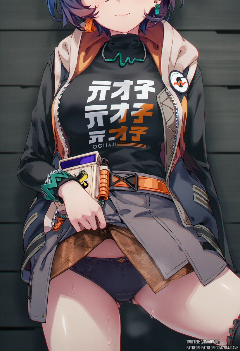 1girls, ai generated, belle (zenless zone zero), black panties, closed mouth, earrings, hood, jacket, jewelry, panties, purple hair, raaicave, short hair, skirt, skirt lift, smile, solo, thighhighs, underwear, zenless zone zero