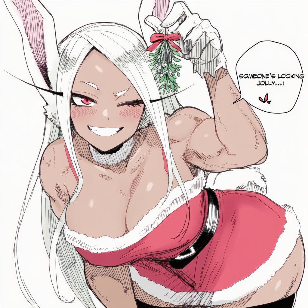 1girls, ai generated, animal ears, bare shoulders, belt, bent over, big breasts, blush, boku no hero academia, breasts, bunny ears, bunny tail, christmas, christmas outfit, cleavage, dark skin, dark-skinned female, gloves, lapis slopzuli, large breasts, long hair, looking at viewer, mirko, miruko, muscle, my hero academia, one eye closed, parted bangs, red eyes, rumi usagiyama, smile, solo, speech bubble, tail, teeth, thighhighs, uravity98114, white hair