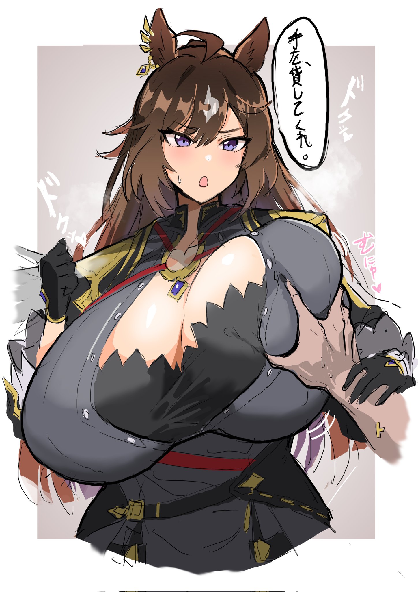 1boy, 1girls, ahoge, big breasts, breast grab, brown hair, clothed, dashi kani, duramente (umamusume), ear piercing, earrings, female, heart, horse ears, horse girl, japanese text, long hair, male, piercing, pov, purple eyes, streaked hair, sweat, umamusume, white streak