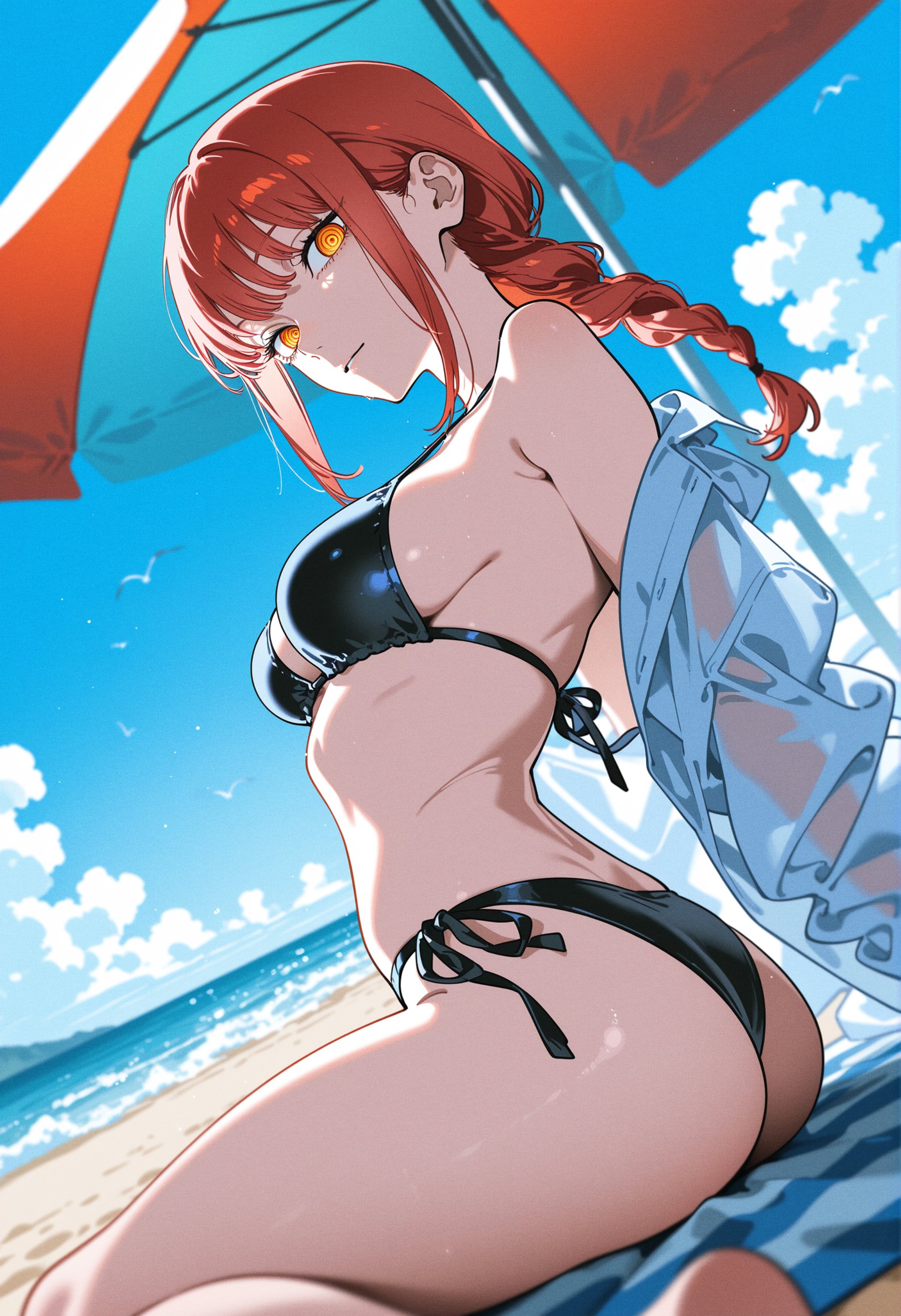 1girls, ai generated, ass, bare shoulders, bikini, black bikini, breasts, chainsaw man, cleavage, earrings, female, halterneck, jewelry, kawaani main, long hair, looking at viewer, makima (chainsaw man), navel, night, off shoulder, open clothes, outdoors, pointy ears, pool, poolside, shirt, side-tie bikini, silver hair, sitting, sky, smile, solo, star (sky), starry sky, string bikini, swimsuit, water, wet