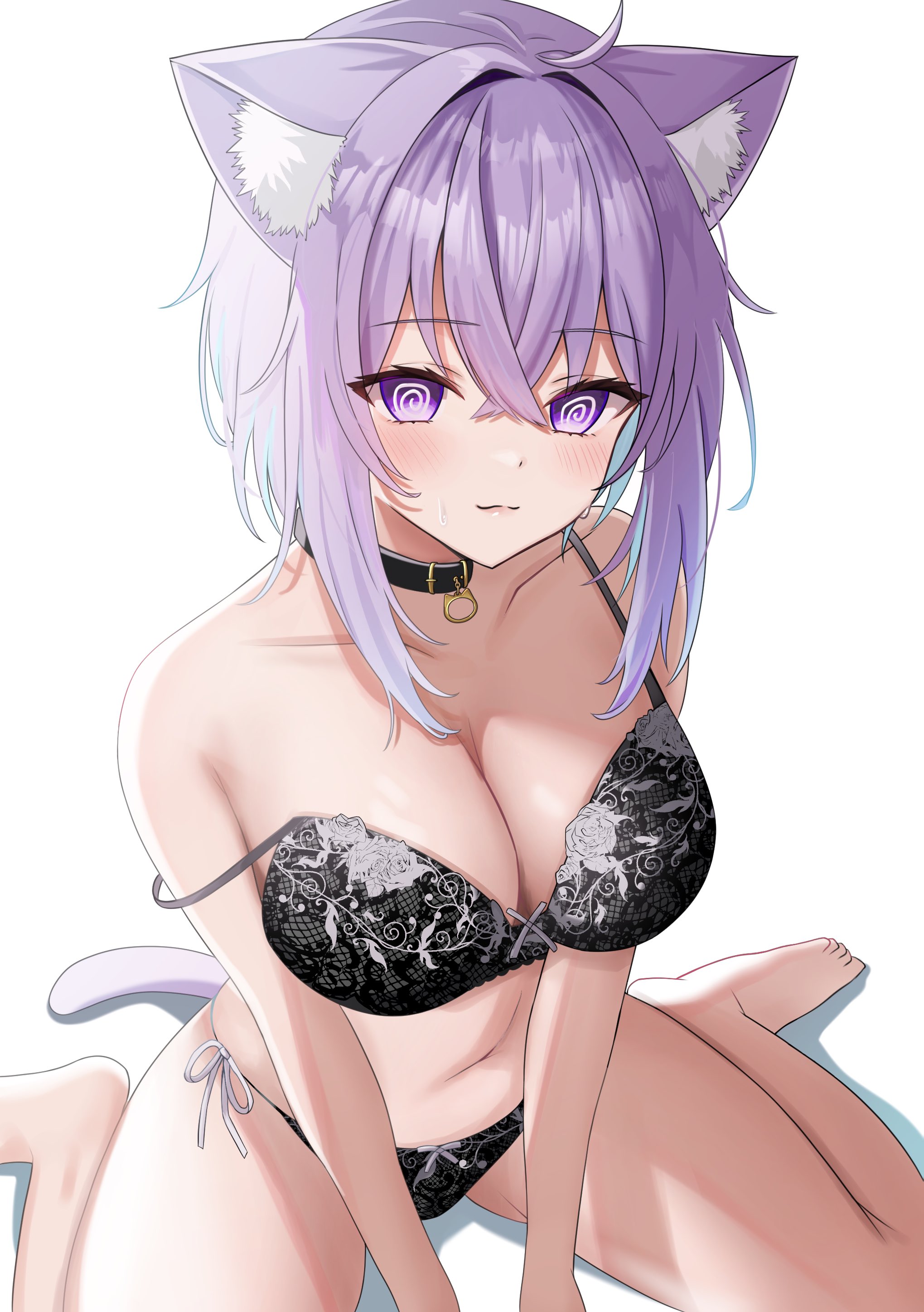 @ @, bangs, bra, breasts, busty, cat ears, cat girl, cat tail, catgirl, cleavage, female, female only, highres, hololive, hololive gamers, hololive japan, lace trim, lace-trimmed bra, lace-trimmed panties, lingerie, nekomata okayu, panties, simple background, sitting, solo, solo female, swirly eyes, virtual youtuber, white background
