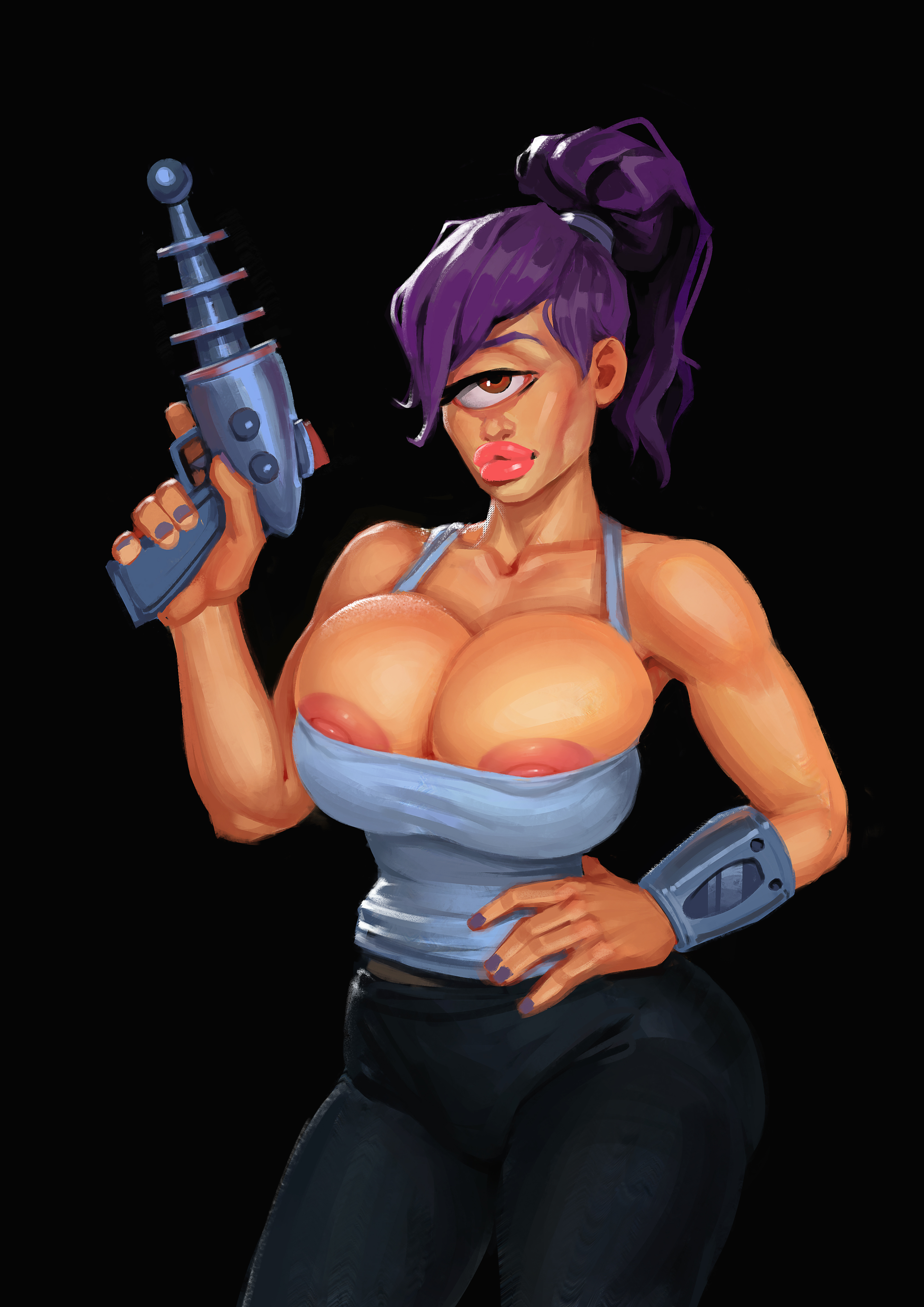 1 eye, alternate version available, big breasts, boobsgames, breasts, cleavage, cyclops, female, futurama, huge breasts, large breasts, purple hair, turanga leela