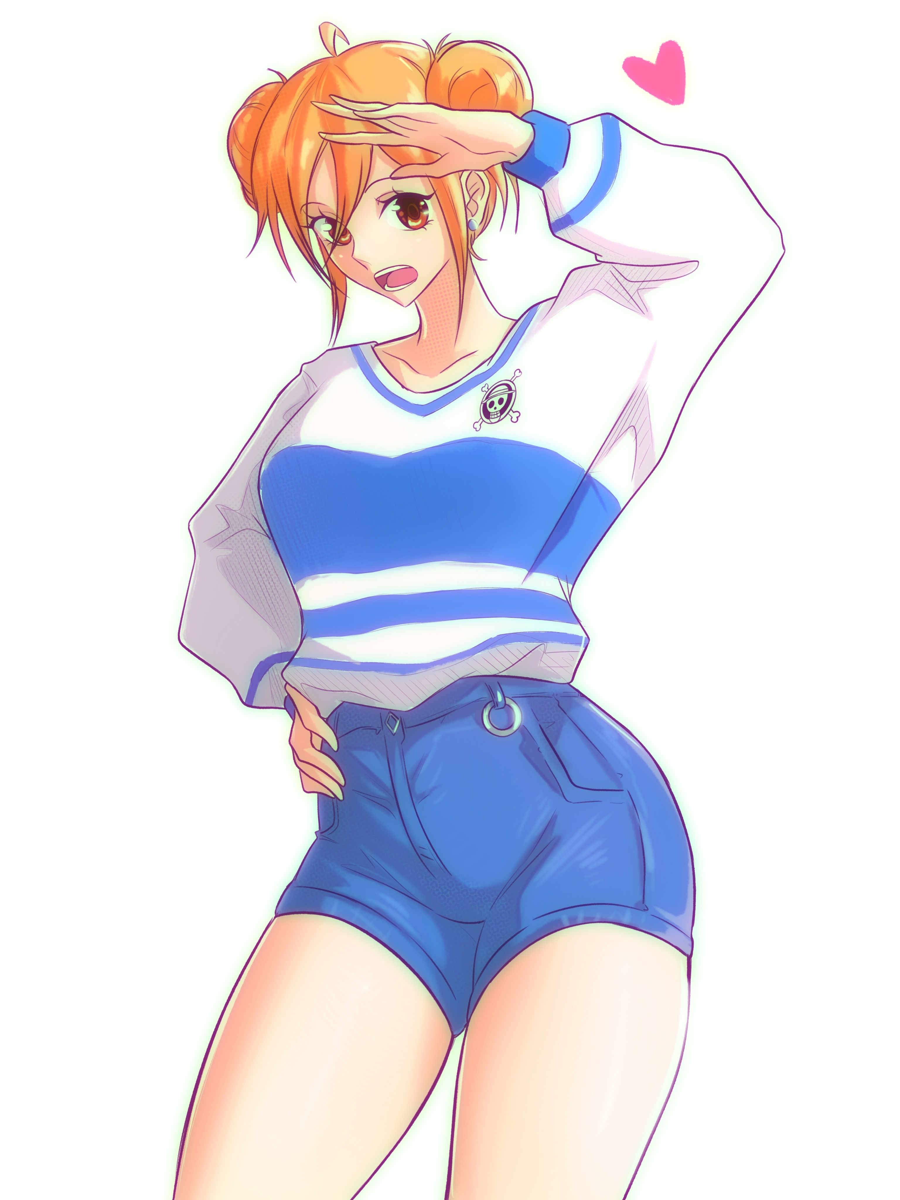 1girls, female, female only, nami (one piece), one piece, opalisart, orange hair, orange-haired female, pre-timeskip, shorts, space buns
