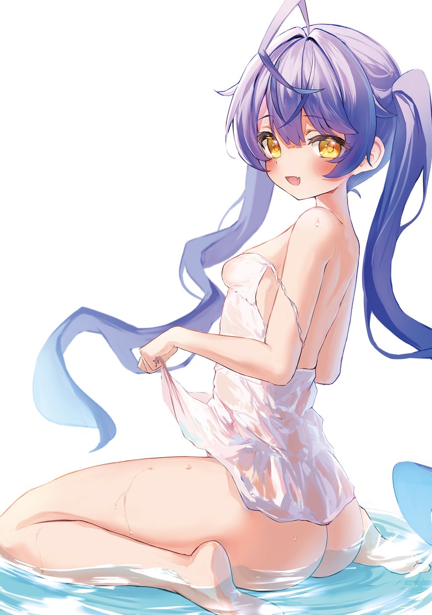 amamiya_kokoro looking_at_viewer looking_back neoguoguko nijisanji purple_hair see-through small_breasts tagme twintails virtual_youtuber water wet yellow_eyes