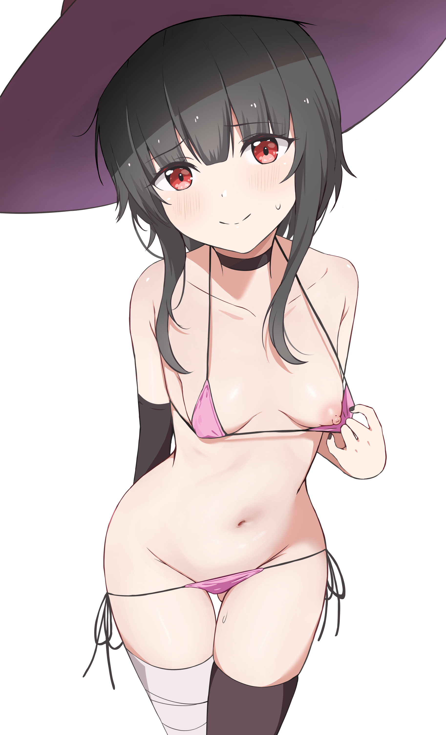 1girls, bikini, bikini pull, black hair, black legwear, blush, breasts, choker, clothing aside, clothing pull, collarbone, coro fae, female, flashing, hat, hi res, kono subarashii sekai ni shukufuku wo!, legwear, long hair, looking at viewer, megumin, micro bikini, nail polish, navel, nipples, presenting, red eyes, side-tie panties, slender legs, slender waist, small breasts, solo, standing, sweat, swimsuit, thighhighs, thighs
