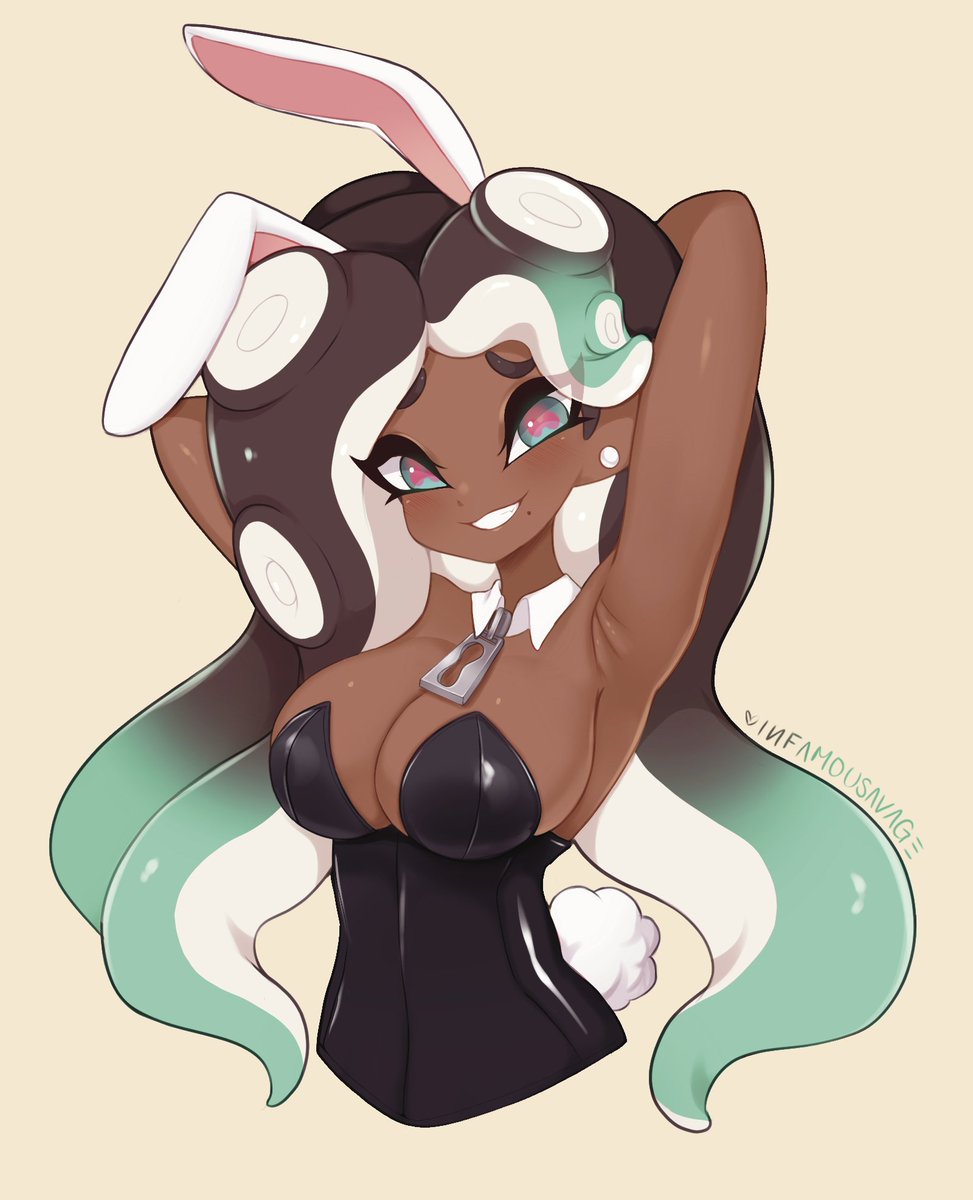 1girls, armpits, big breasts, breasts, bunny ears, bunny tail, bunnysuit, color, dark skin, female, female only, latex, looking at viewer, marina (splatoon), medium breasts, nintendo, savage (artist), shiny clothes, smile, solo, splatoon, splatoon 2, tagme, tight clothing