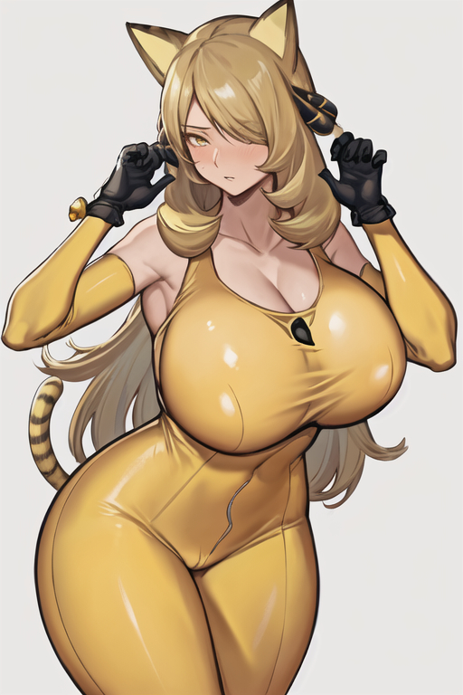 1girls, ai generated, animal ears, blonde hair, blush, breasts, cynthia (pokemon), female, hair over one eye, hips, huge breasts, light skin, light-skinned female, long hair, nintendo, pokemon, pokemon dppt, thick thighs, thighs, tight clothing, wide hips