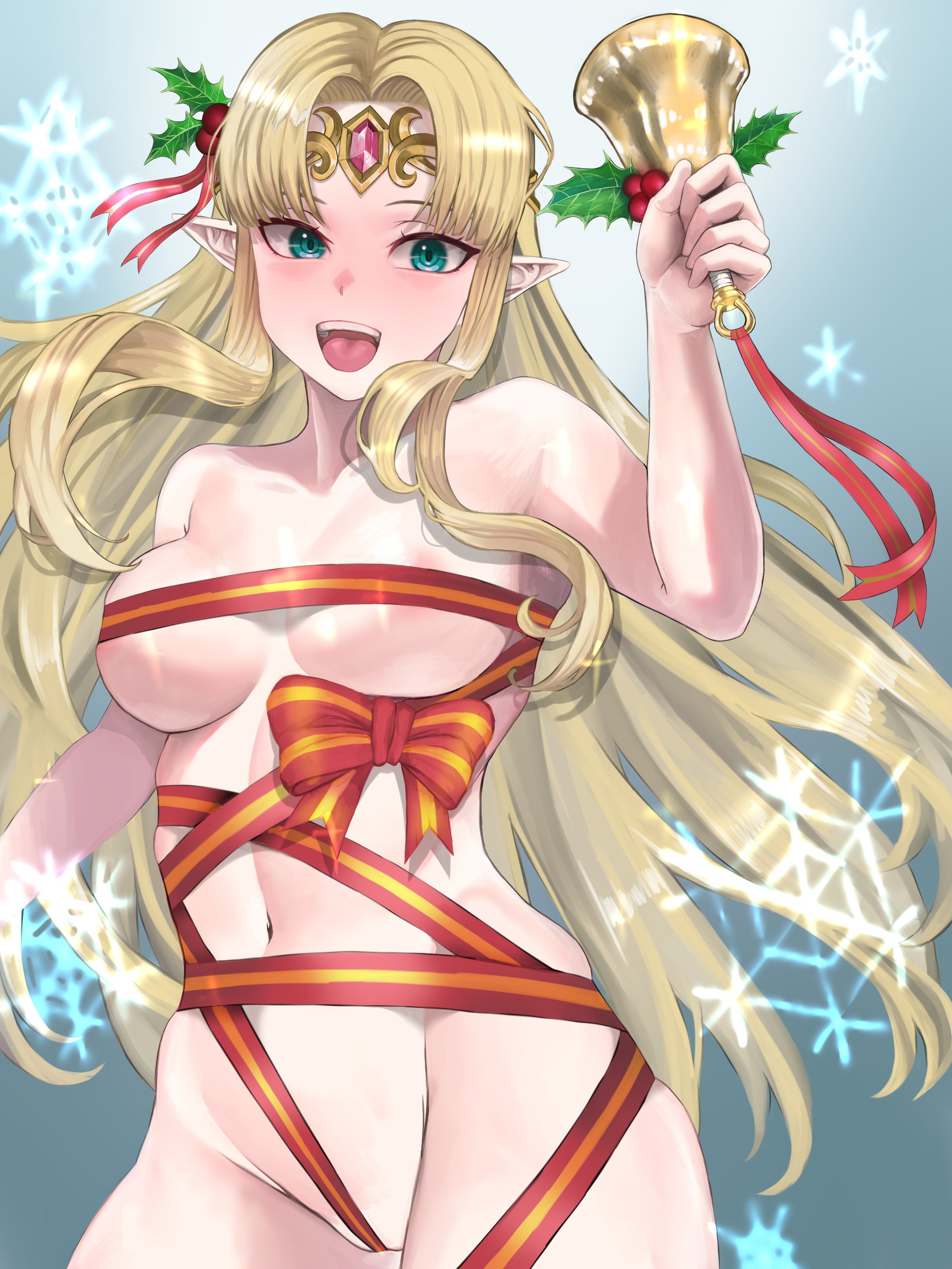 1girls, a link to the past, alternate version available, areolae, areolae slip, bangs, bare thighs, bell, blonde hair, blue eyes, breasts, christmas, completely nude, female, female only, long hair, medium breasts, naked ribbon, nintendo, nude, nude female, open mouth, pocari66, princess zelda, ribbon, sideboob, smile, snowflake, solo, the legend of zelda, thighs, very long hair, zelda (a link between worlds), zelda (a link to the past)