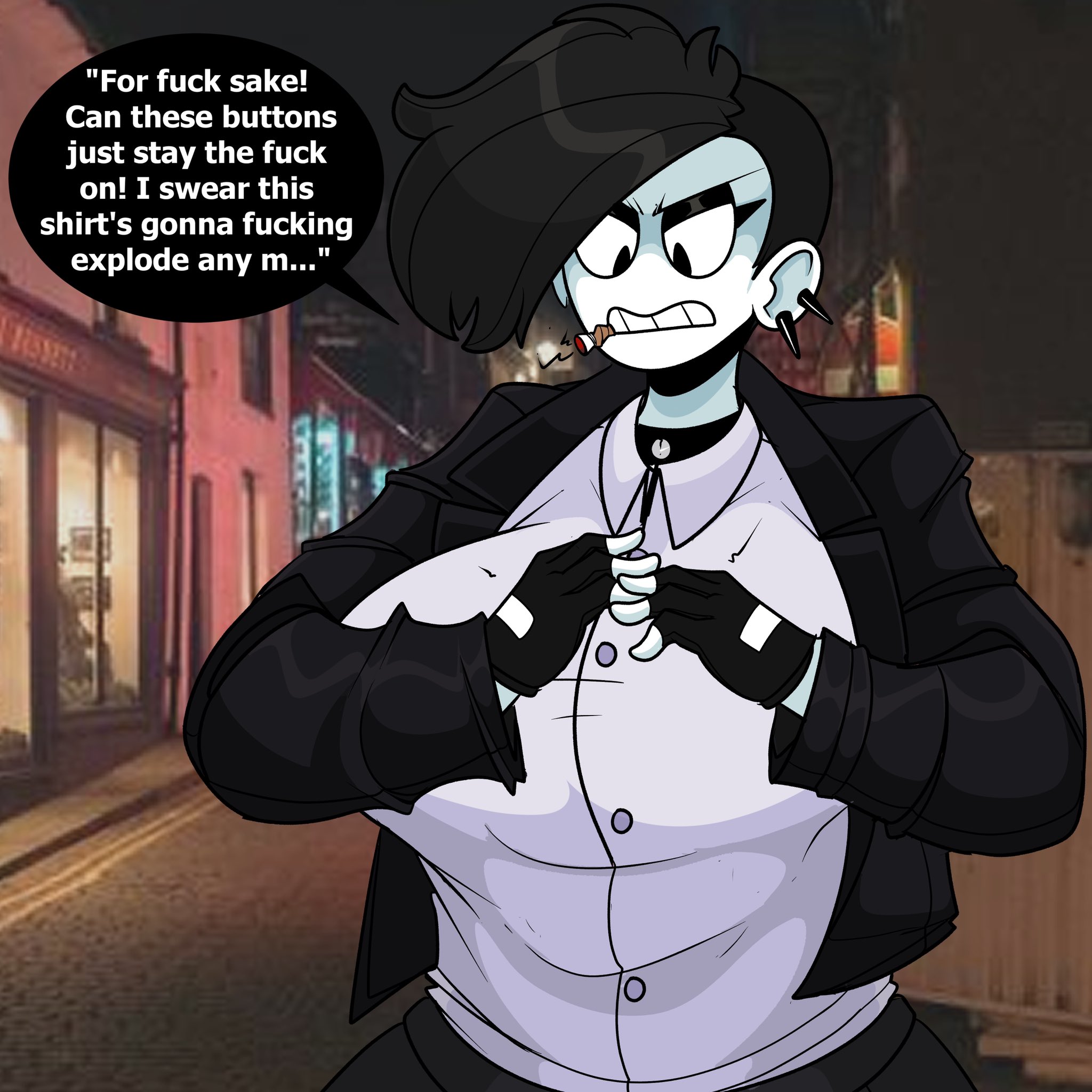 1girls, big breasts, black eyes, black gloves, black hair, black jacket, breasts, busty, choker, cigarette, collared shirt, colored skin, dialogue, ear piercing, earrings, english text, female, female only, fingerless gloves, gloves, goth, goth girl, huge breasts, jacket, jewelry, large breasts, looking at viewer, meme, open clothes, open jacket, pants, photo background, piercing, punk, punk girl, saltynoodles, shirt, short hair, smoking, solo, speech bubble, spiked collar, teeth, text, upper body, veronica (saltynoodles), white shirt, white skin