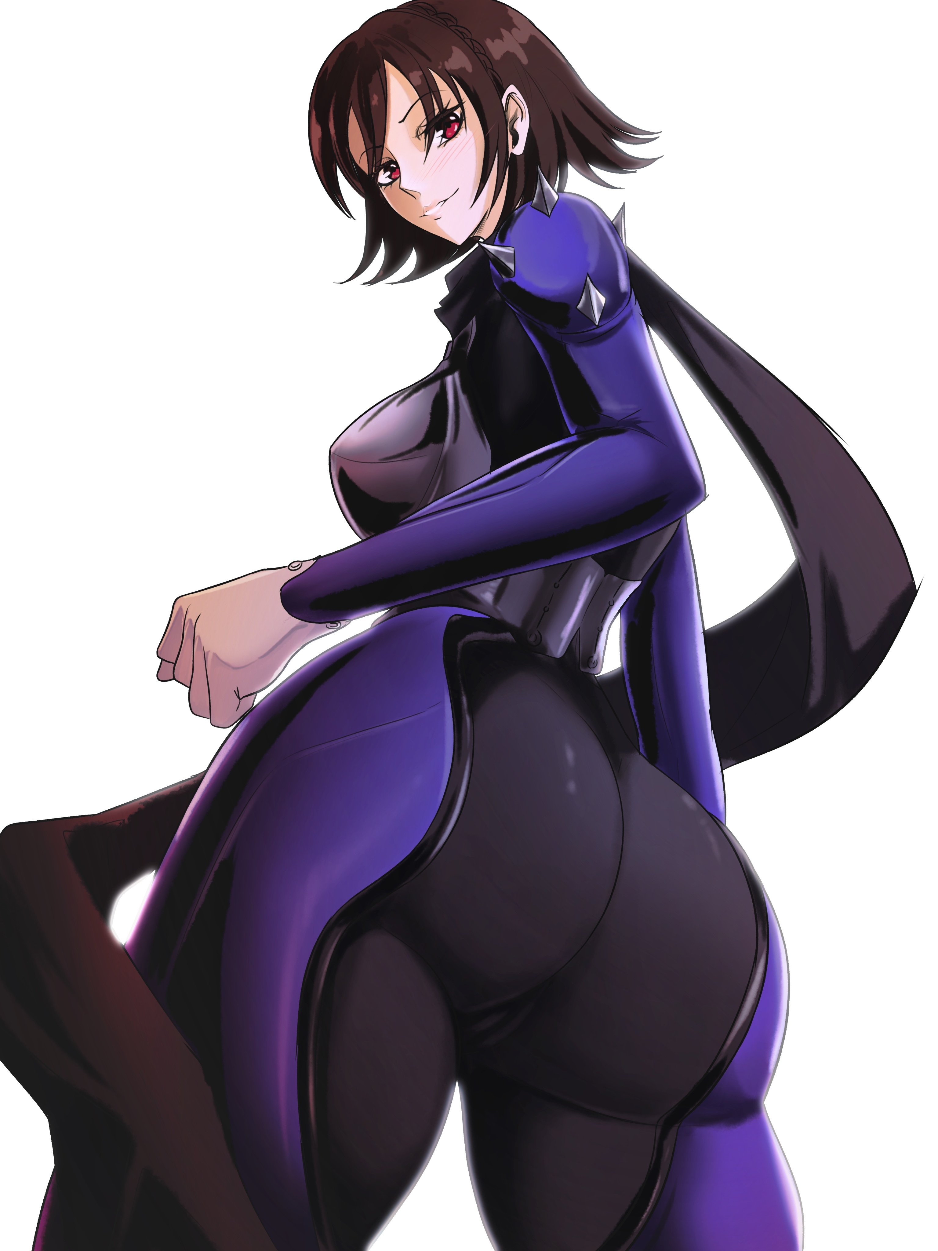 1girls, ass, ass focus, big ass, bodysuit, breasts, brown hair, clothing, female, female only, huge ass, human, large ass, looking back, makoto niijima, makoto niijima (queen), megami tensei, opalisart, pale skin, persona, persona 5, phantom thief suit, red eyes, short hair, thick thighs