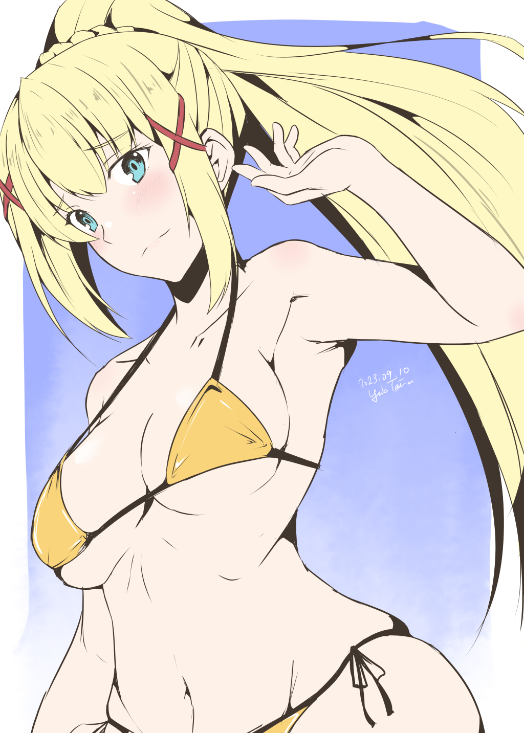 1girls, big breasts, bikini, blonde hair, blue eyes, breasts, cleavage, commission, darkness (konosuba), dated, female, hair ornament, highres, kono subarashii sekai ni shukufuku wo!, large breasts, long hair, ponytail, side-tie bikini bottom, solo, swimsuit, taira yuuki, twitter username, x hair ornament, yellow bikini