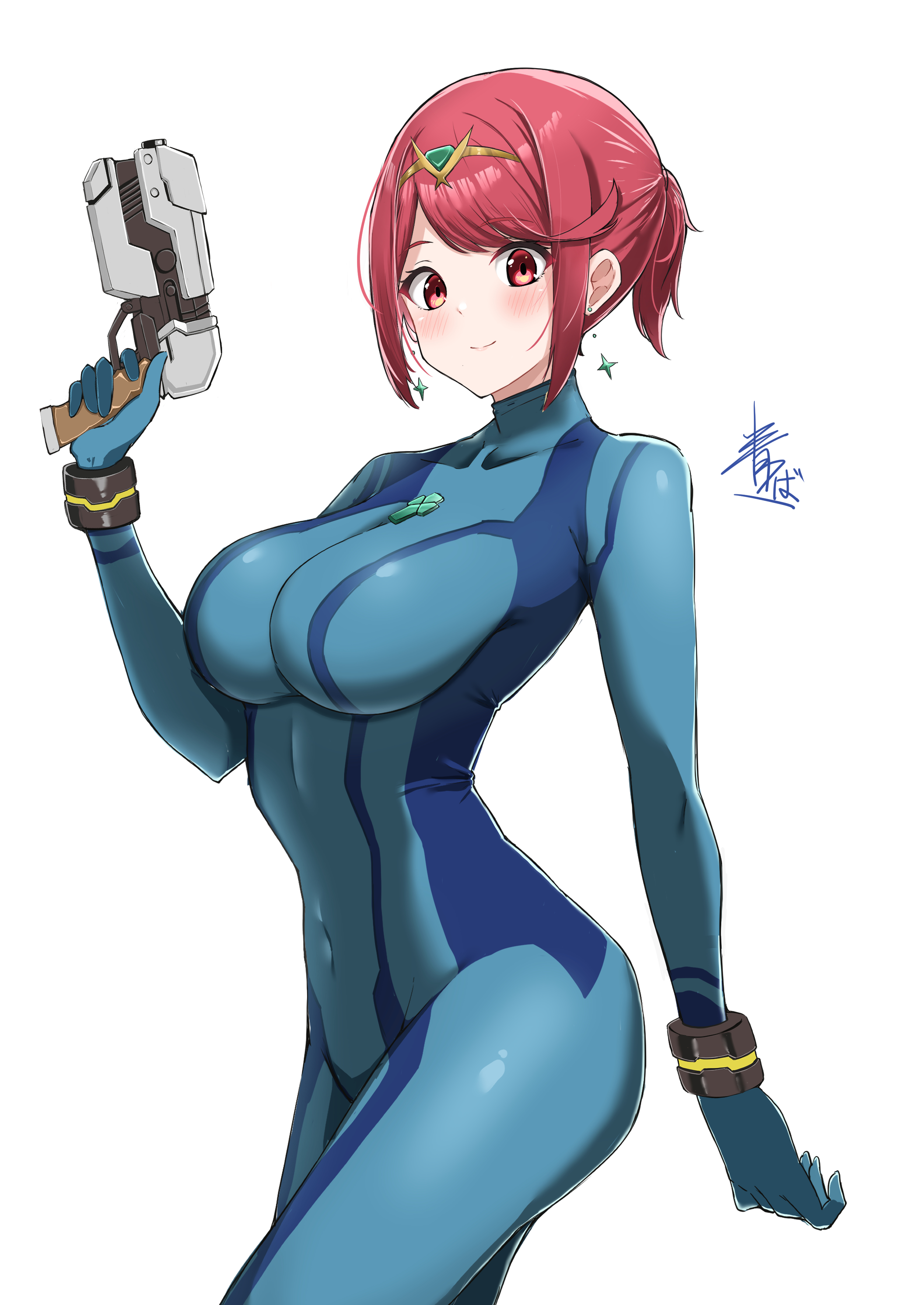 1girls, absurd res, absurdres, aotsuba, artist signature, bangs, big breasts, blush, blush lines, breasts, color, core crystal, crossover, earring, eyebrows, eyebrows visible through hair, female, female only, gun, hartman hips, hi res, high resolution, highres, hourglass figure, huge breasts, large breasts, light skin, light-skinned female, metroid, nintendo, ponytail, pyra, red hair, samus aran (cosplay), simple background, smile, solo, standing, tight clothes, tight clothing, tight fit, tights, white background, xenoblade (series), xenoblade chronicles 2, zero suit