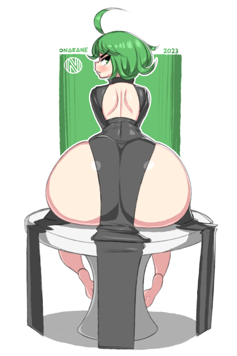 1girls ass ass ass_focus barefoot big_ass big_butt blush clothed clothing dress feet female female_only green_eyes green_hair large_ass looking_back onaeane one-punch_man short_hair simple_background sitting solo solo_female tatsumaki wide_hips